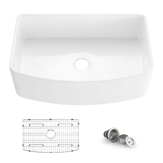 Kibi 33" x 20" x 10" Pure Series Glossy White Single Bowl Fireclay Farmhouse Sink With Curved Apron Front