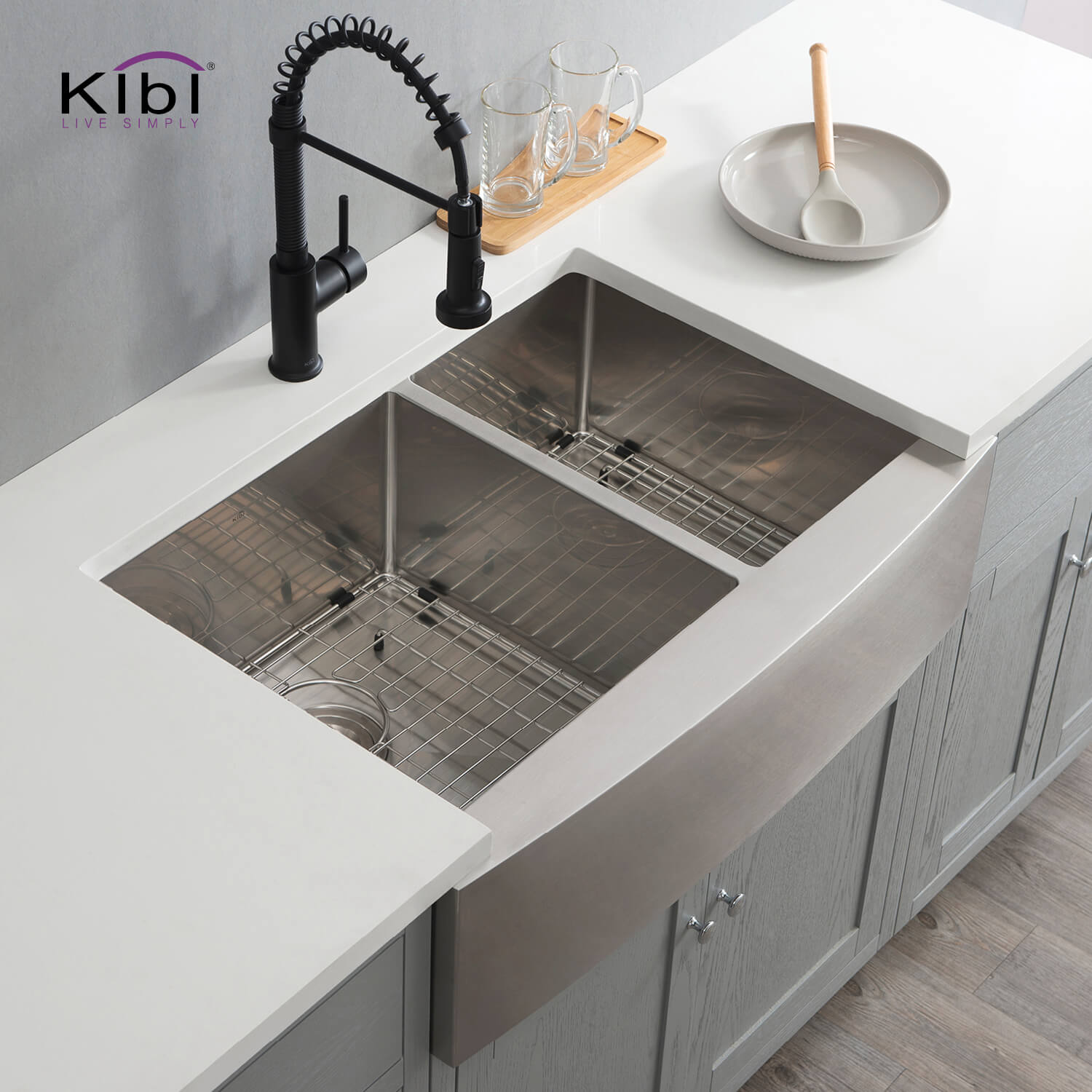 Kibi 33" x 22" x 10" Handcrafted Double Bowl Farmhouse Apron Kitchen Sink With Satin Finish