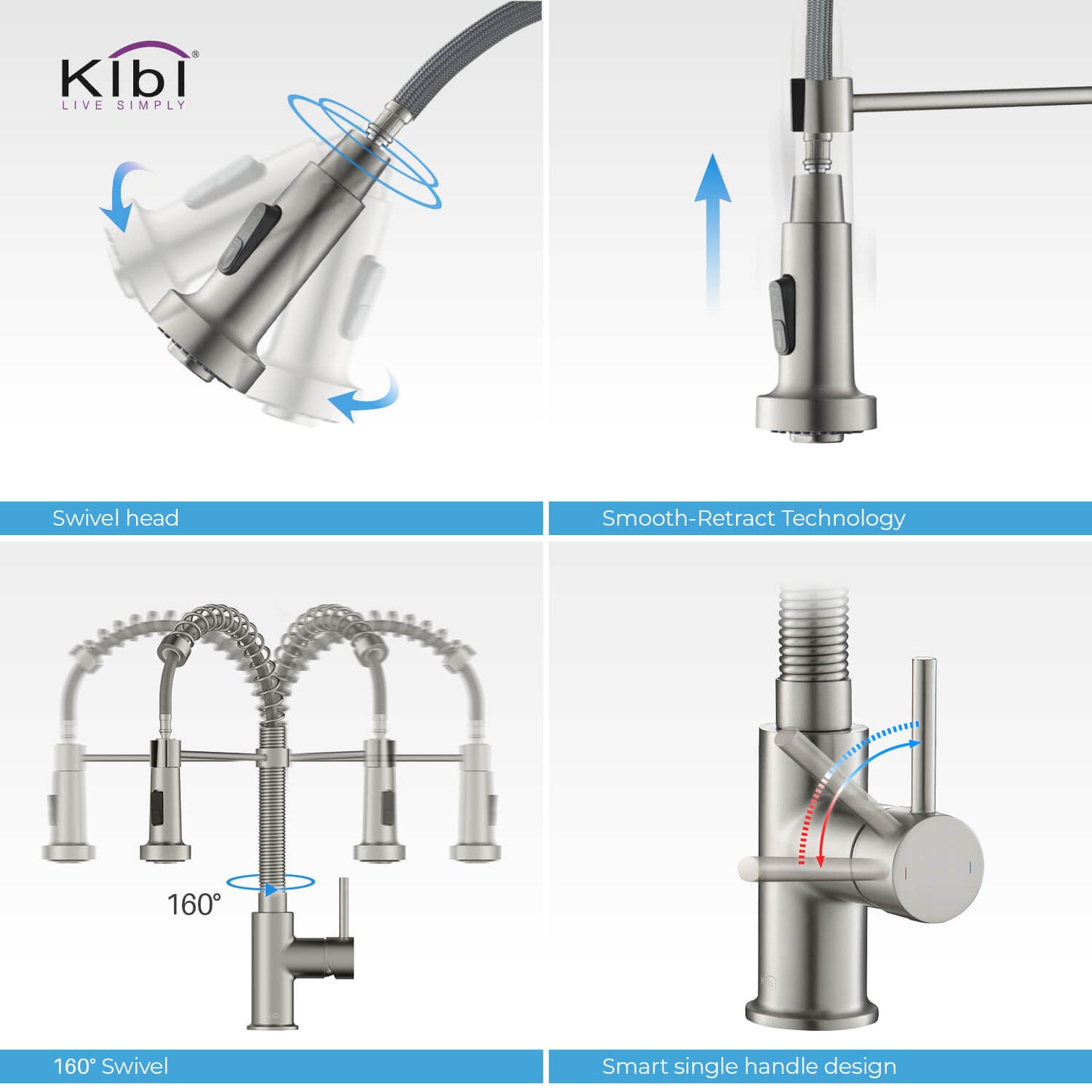 Kibi Aurora Single Handle High Arc Pull Down Kitchen Faucet In Brushed Nickel Finish