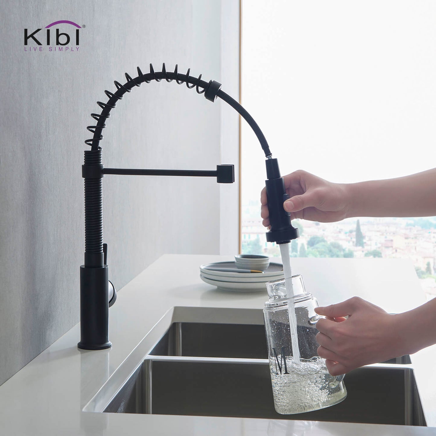 Kibi Aurora Single Handle High Arc Pull Down Kitchen Faucet In Matte Black Finish