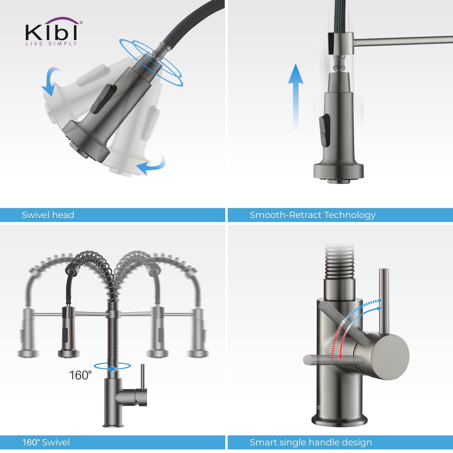Kibi Aurora Single Handle High Arc Pull Down Kitchen Faucet In Titanium Finish