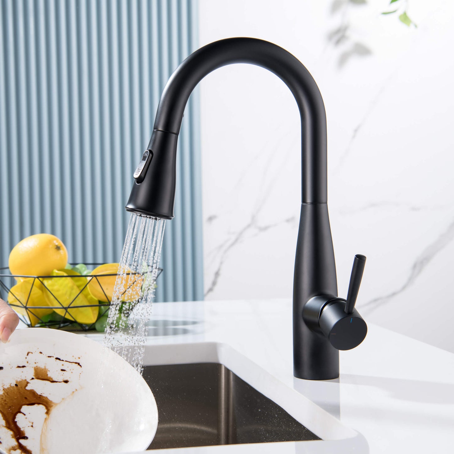 Kibi Bari Single Handle Pull Down Kitchen Bar Sink Faucet With Soap Dispenser in Matte Black Finish