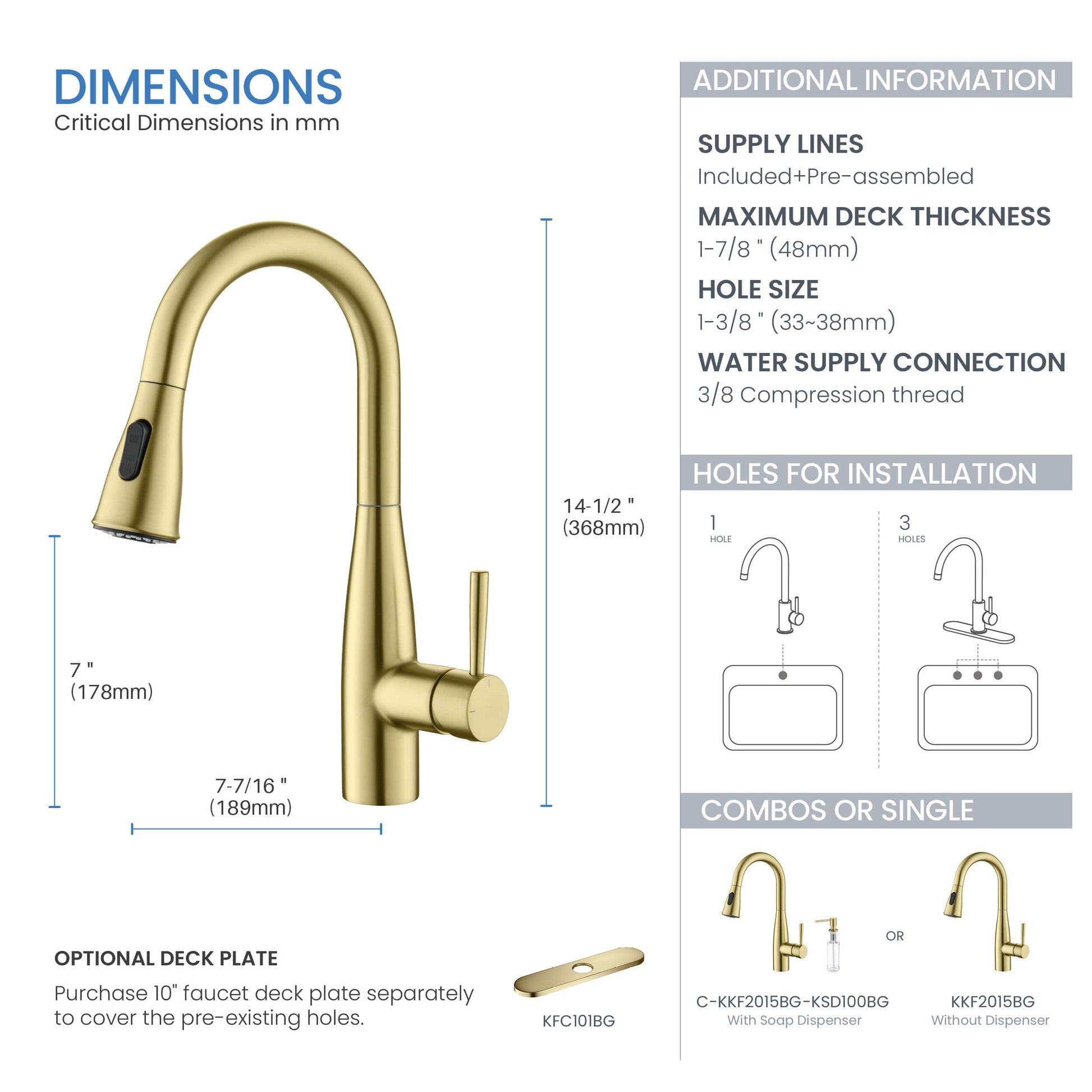 Kibi Bari Single Handle Pull Down Kitchen and Bar Sink Faucet With Soap Dispenser in Brushed Gold Finish