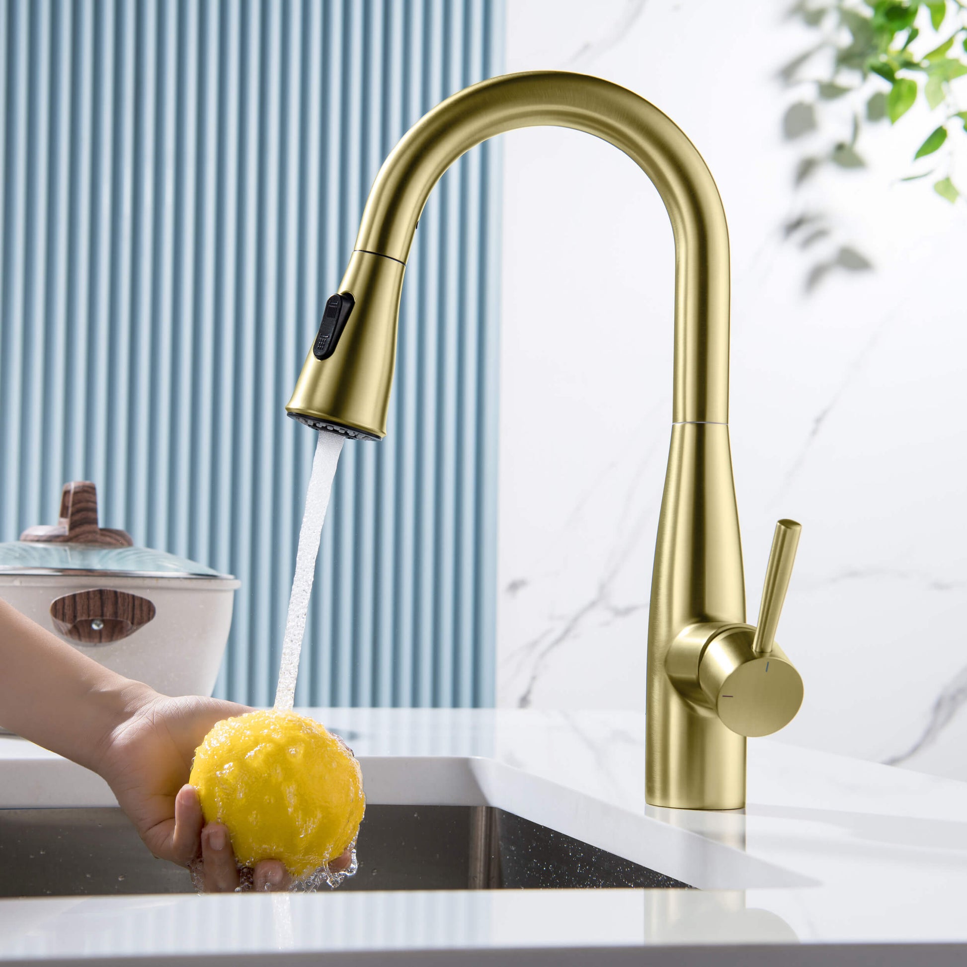 Kibi Bari Single Handle Pull Down Kitchen and Bar Sink Faucet With Soap Dispenser in Brushed Gold Finish