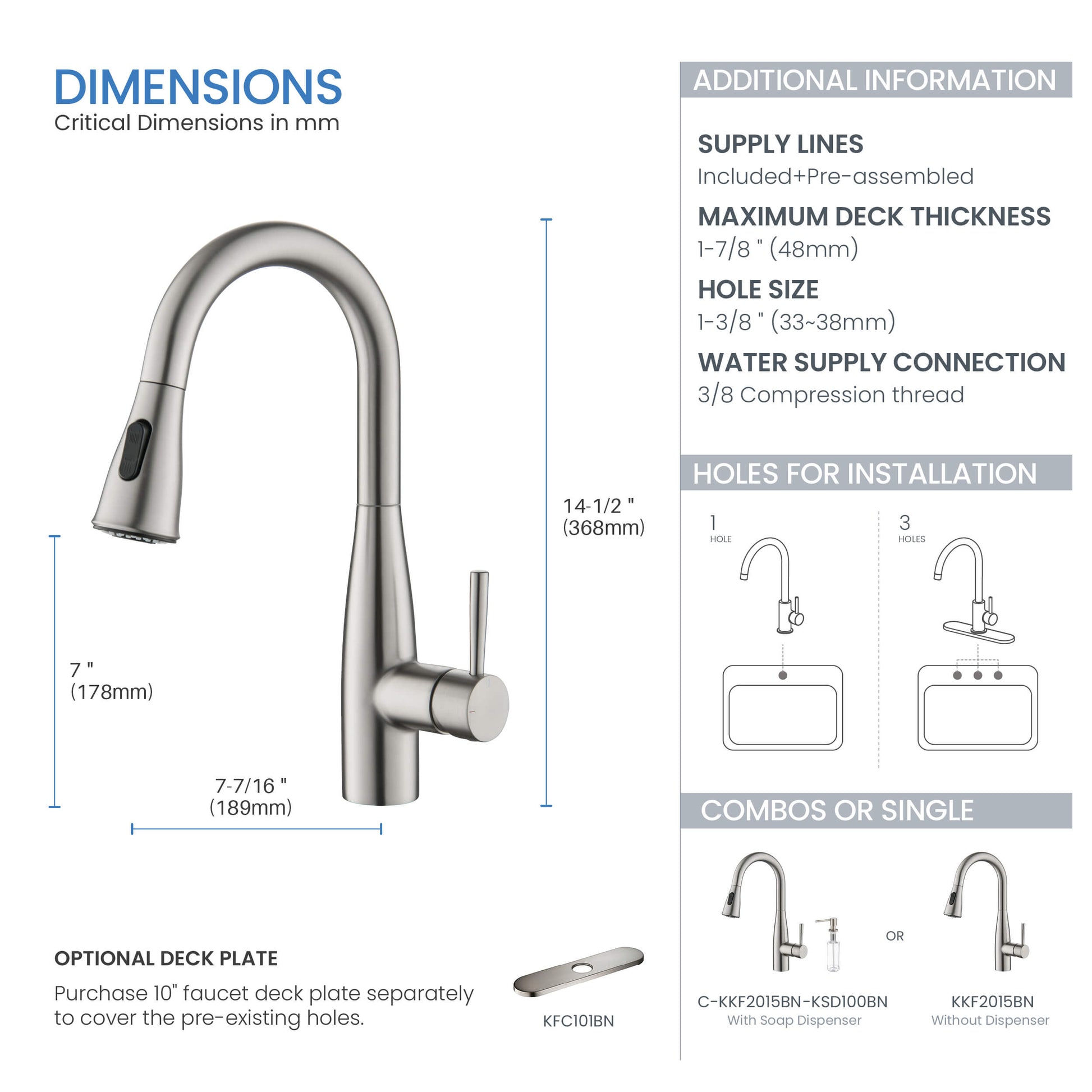 Kibi Bari Single Handle Pull Down Kitchen and Bar Sink Faucet With Soap Dispenser in Brushed Nickel Finish