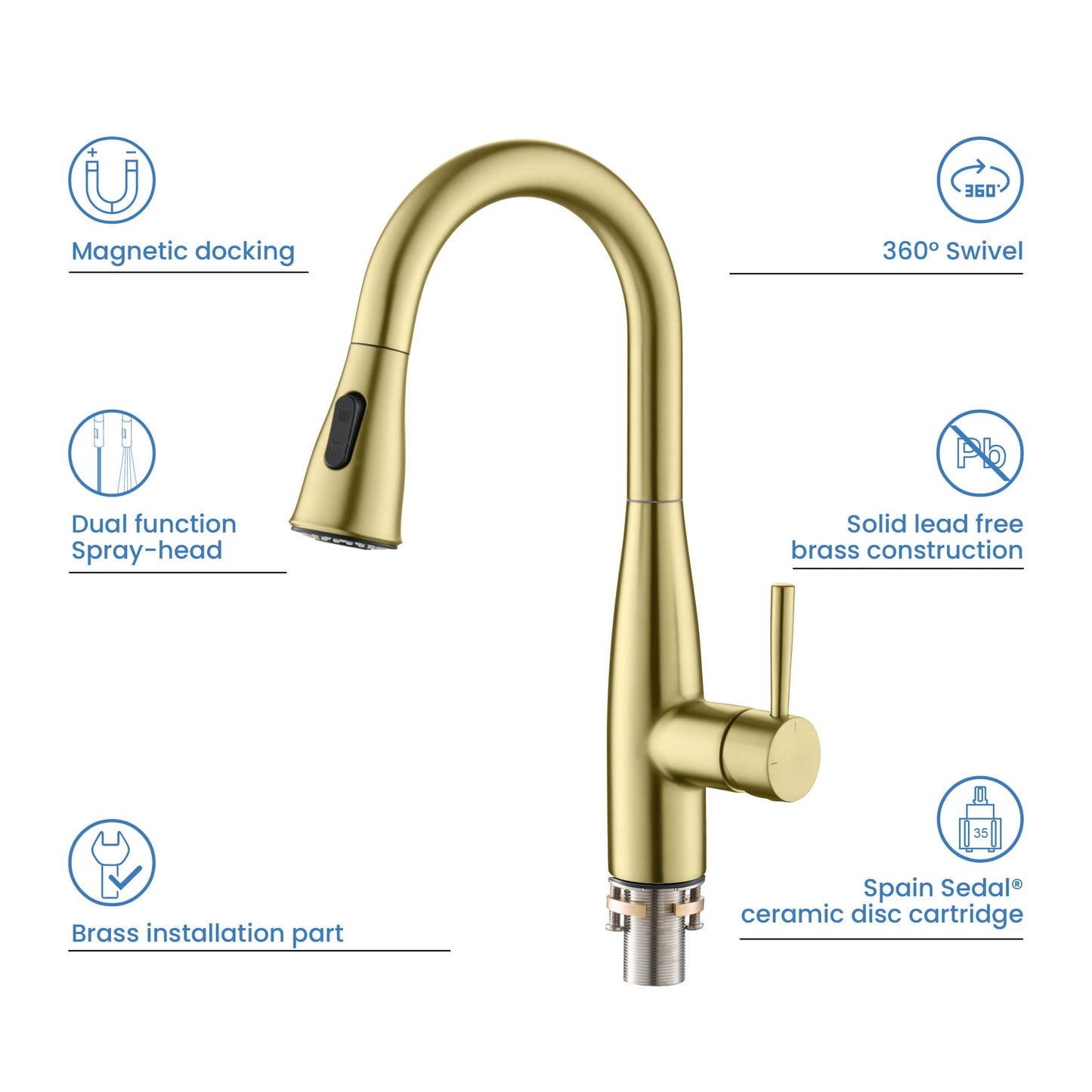 Kibi Bari Single Handle Pull Down Kitchen and Bar Sink Faucet in Brushed Gold Finish
