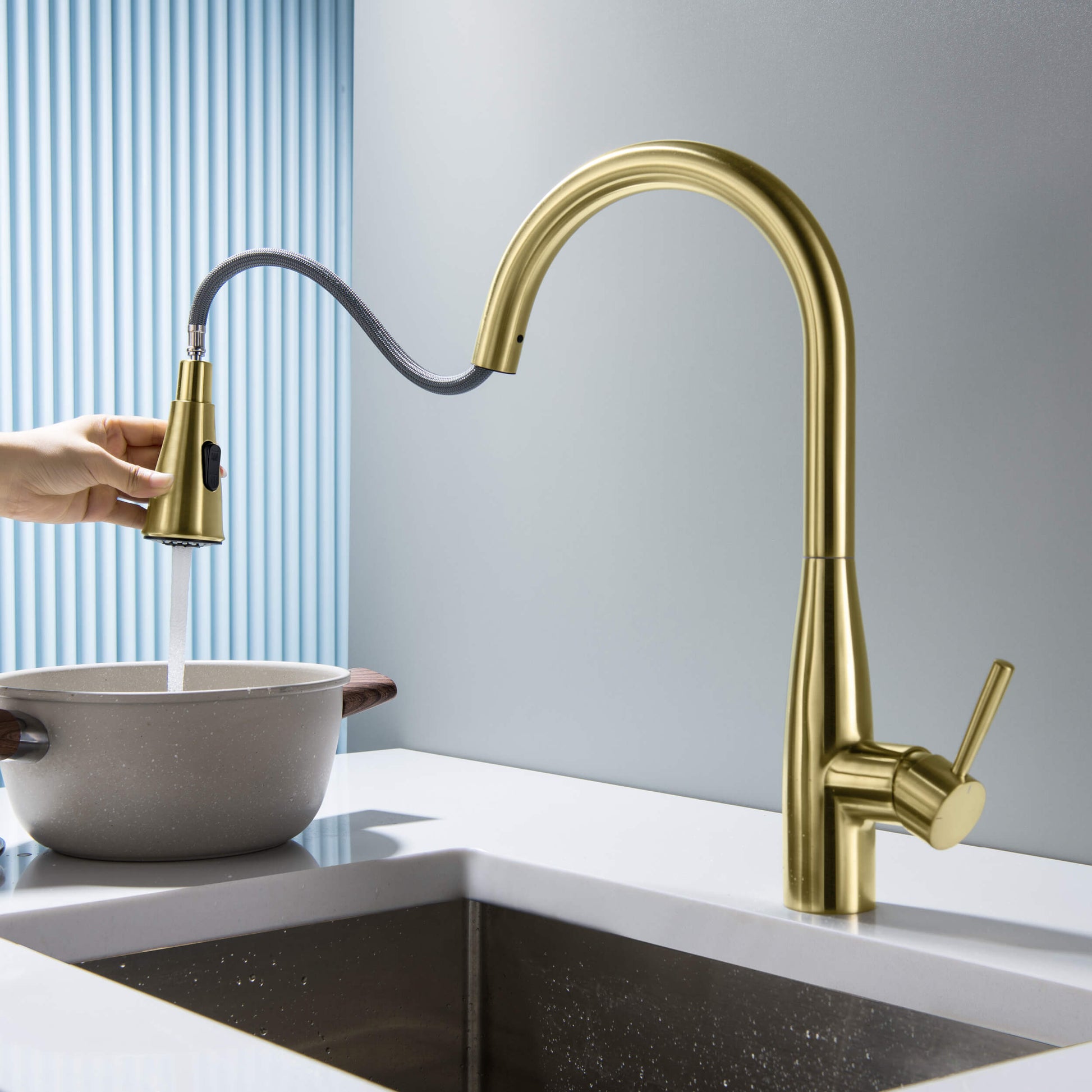 Kibi Bari-T Single Handle Pull Down Kitchen Sink Faucet With Soap Dispenser in Brushed Gold Finish