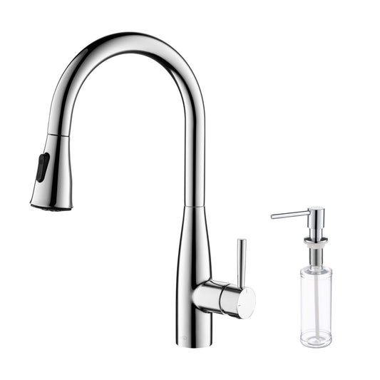 Kibi Bari-T Single Handle Pull Down Kitchen Sink Faucet With Soap Dispenser in Chrome Finish