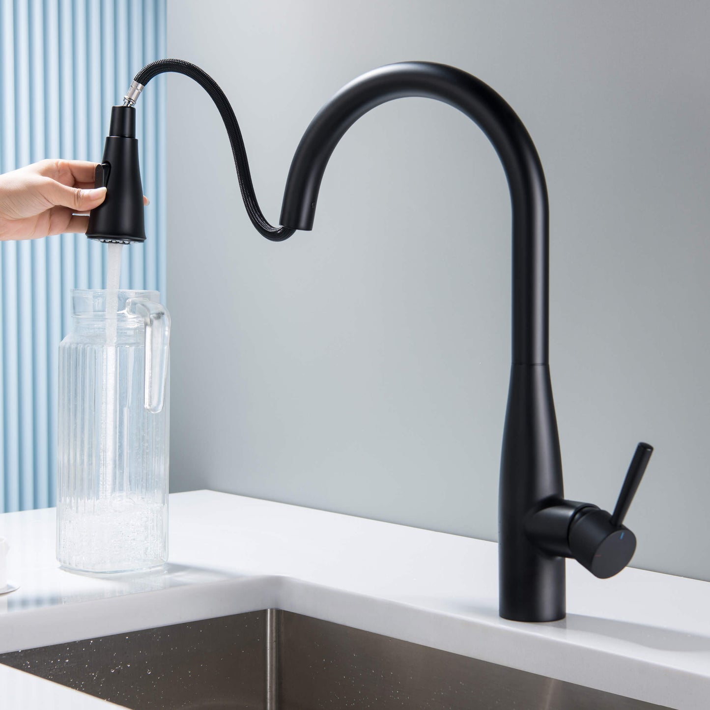Kibi Bari-T Single Handle Pull Down Kitchen Sink Faucet With Soap Dispenser in Matte Black Finish