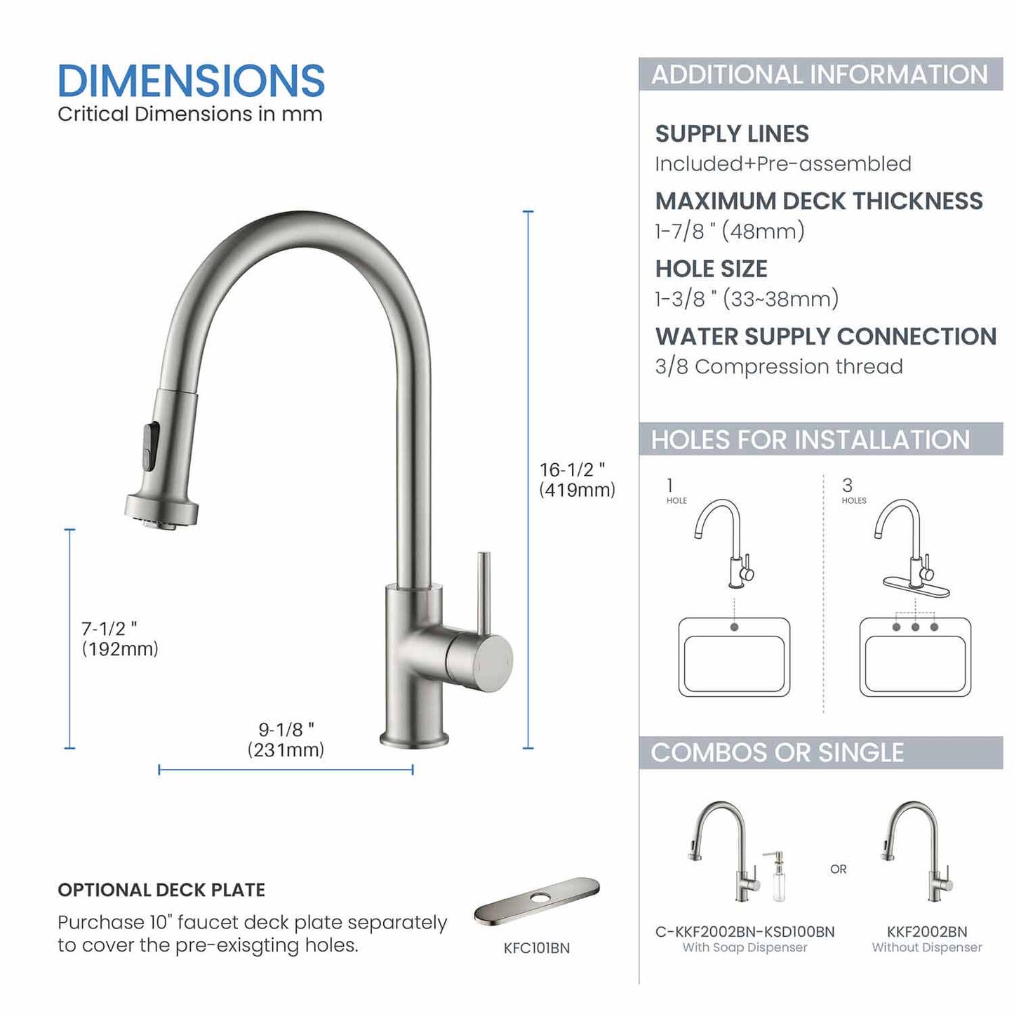 Kibi Casa Single Handle High Arc Pull Down Kitchen Faucet With Soap Dispenser in Brushed Nickel Finish