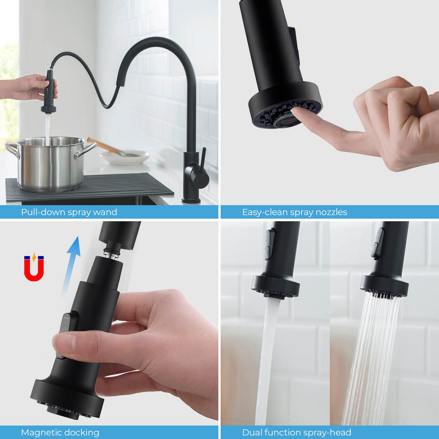 Kibi Casa Single Handle High Arc Pull Down Kitchen Faucet With Soap Dispenser in Matte Black Finish