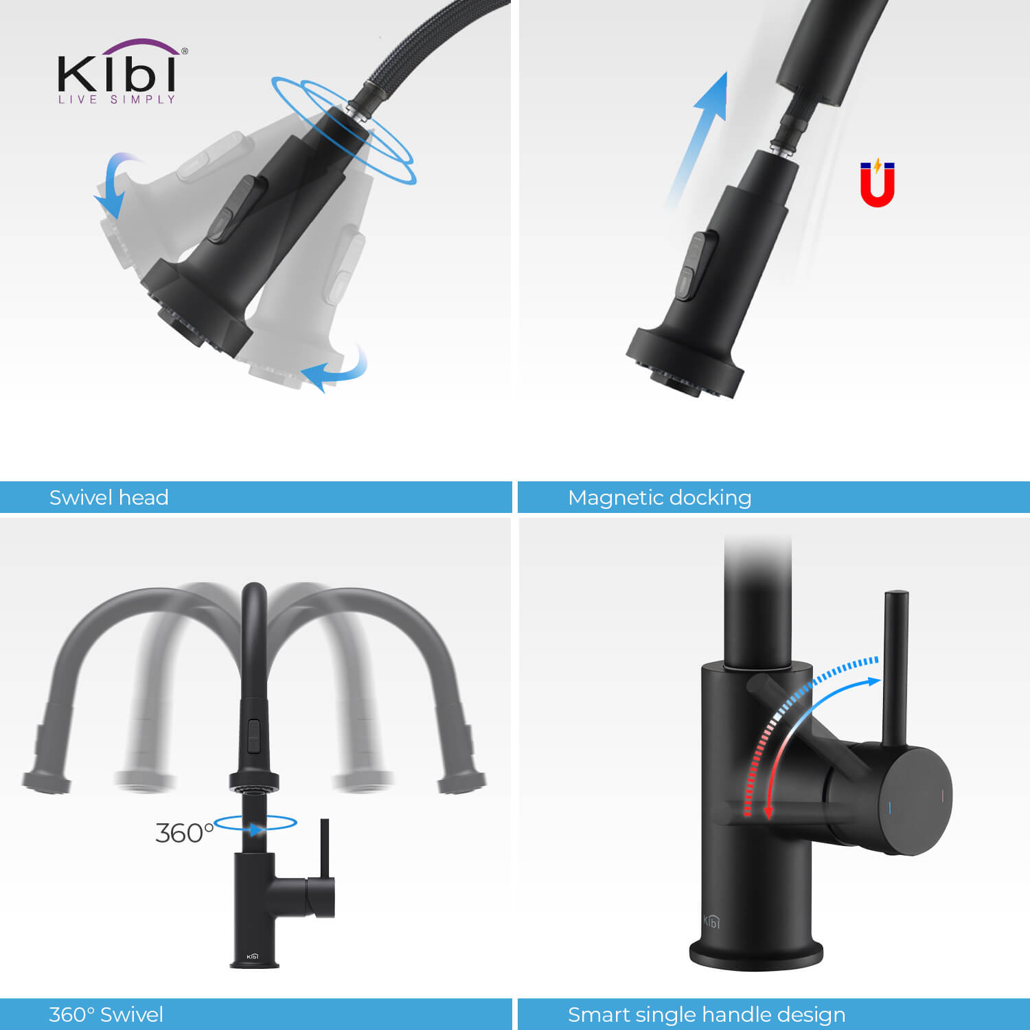 Kibi Casa Single Handle High Arc Pull Down Kitchen Faucet With Soap Dispenser in Matte Black Finish