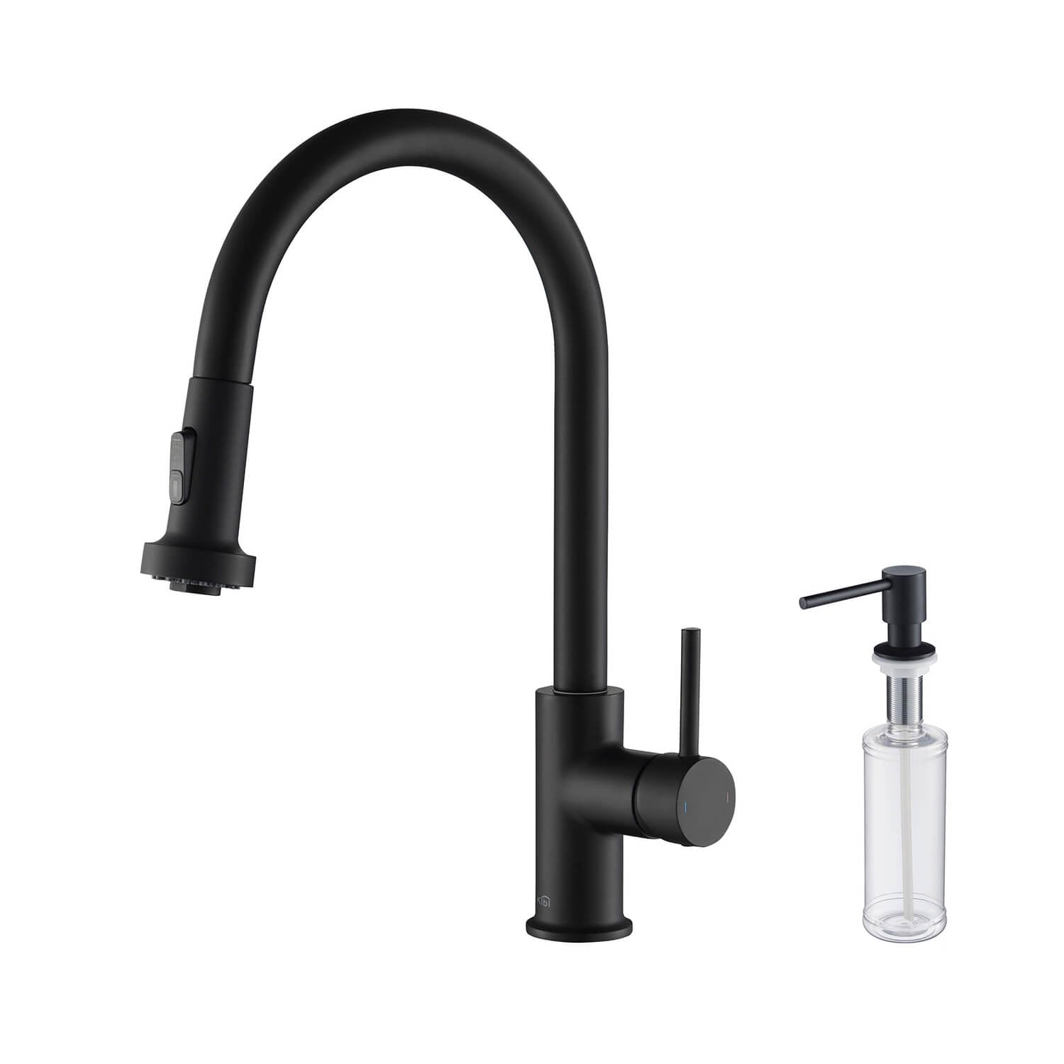 Kibi Casa Single Handle High Arc Pull Down Kitchen Faucet With Soap Dispenser in Matte Black Finish