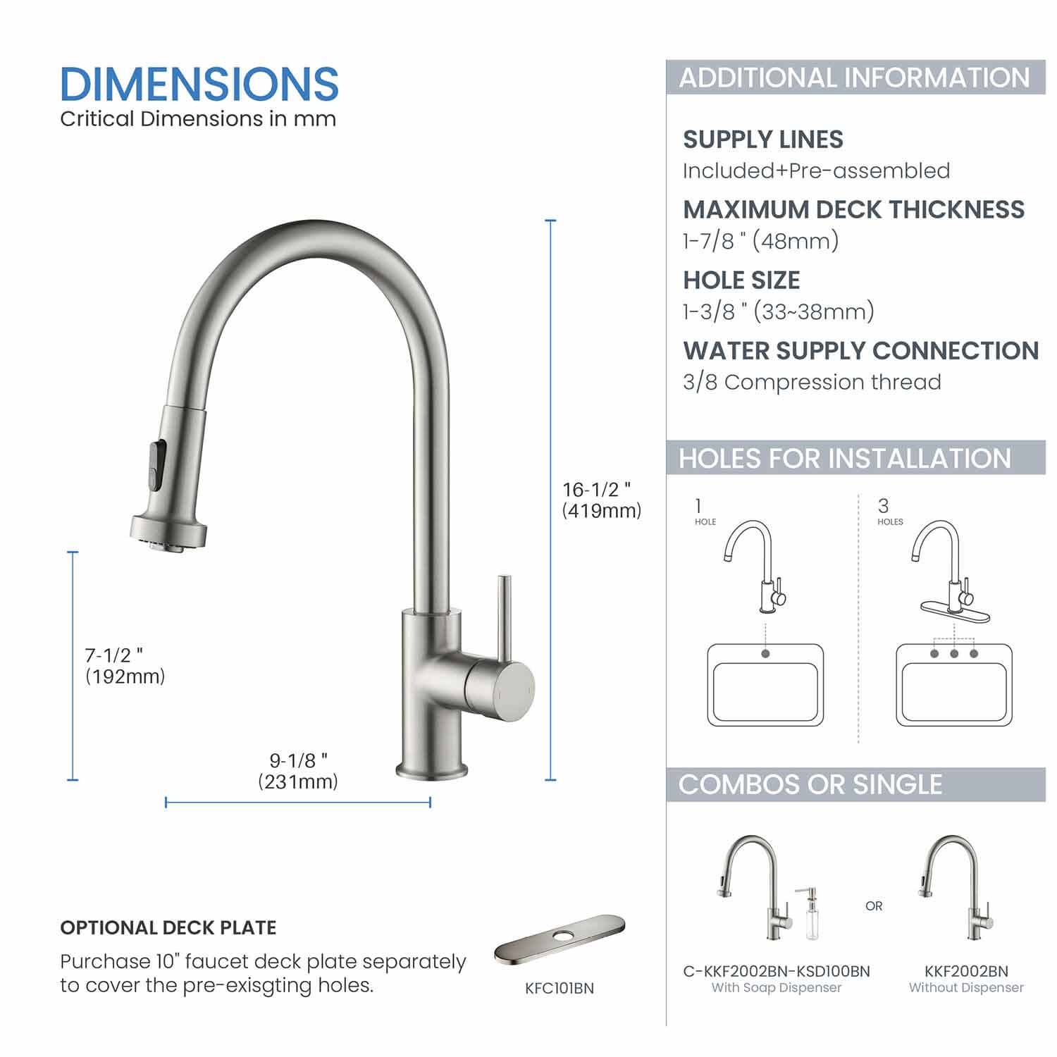 Kibi Casa Single Handle High Arc Pull Down Kitchen Faucet in Brushed Nickel Finish