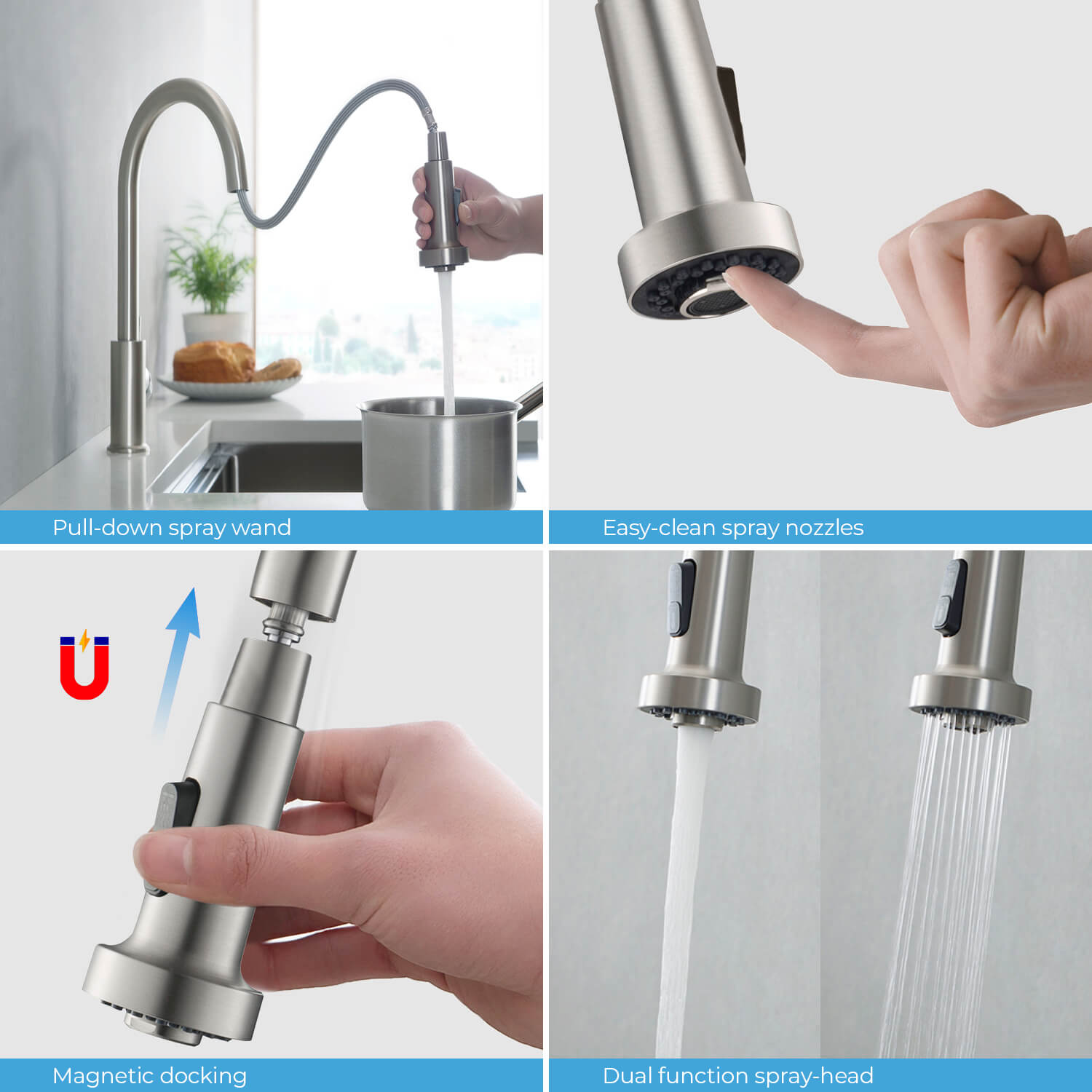 Kibi Casa Single Handle High Arc Pull Down Kitchen Faucet in Brushed Nickel Finish