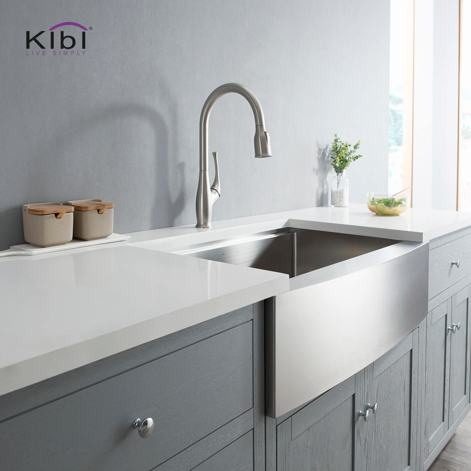Kibi Cedar Single Handle High Arc Pull Down Kitchen Faucet With Soap Dispenser in Brushed Nickel Finish