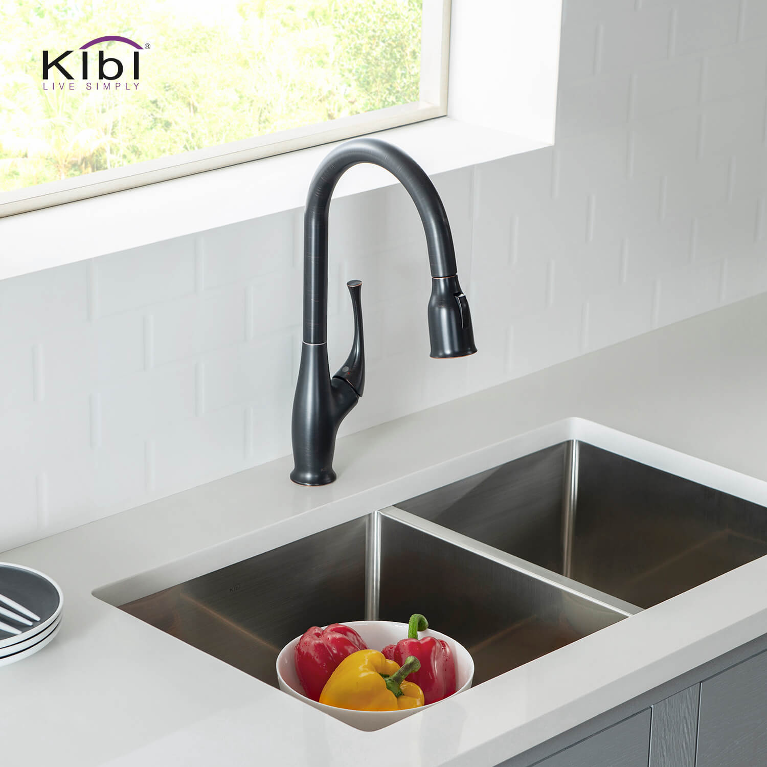 Kibi Cedar Single Handle High Arc Pull Down Kitchen Faucet With Soap Dispenser in Oil Rubbed Bronze Finish