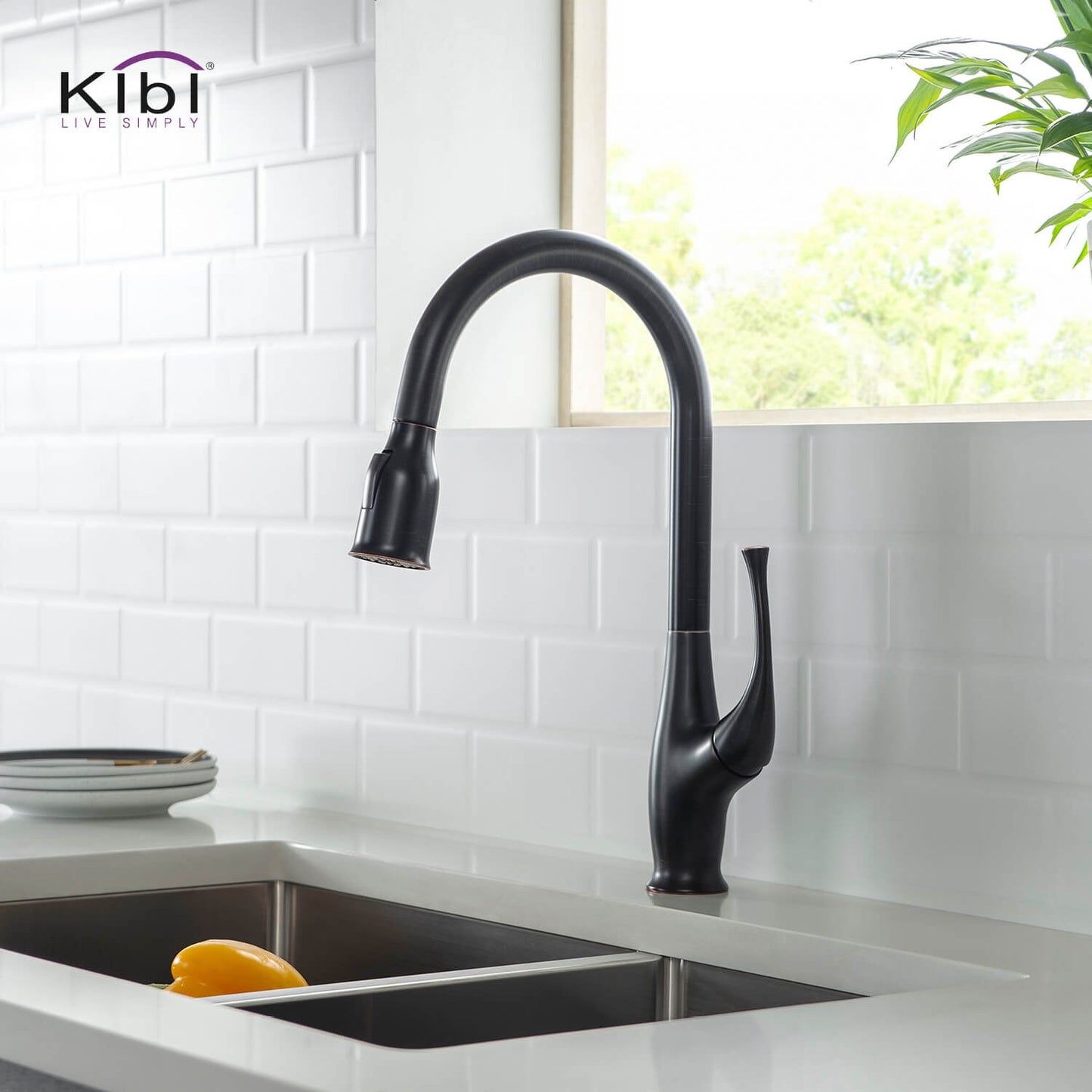 Kibi Cedar Single Handle High Arc Pull Down Kitchen Faucet With Soap Dispenser in Oil Rubbed Bronze Finish