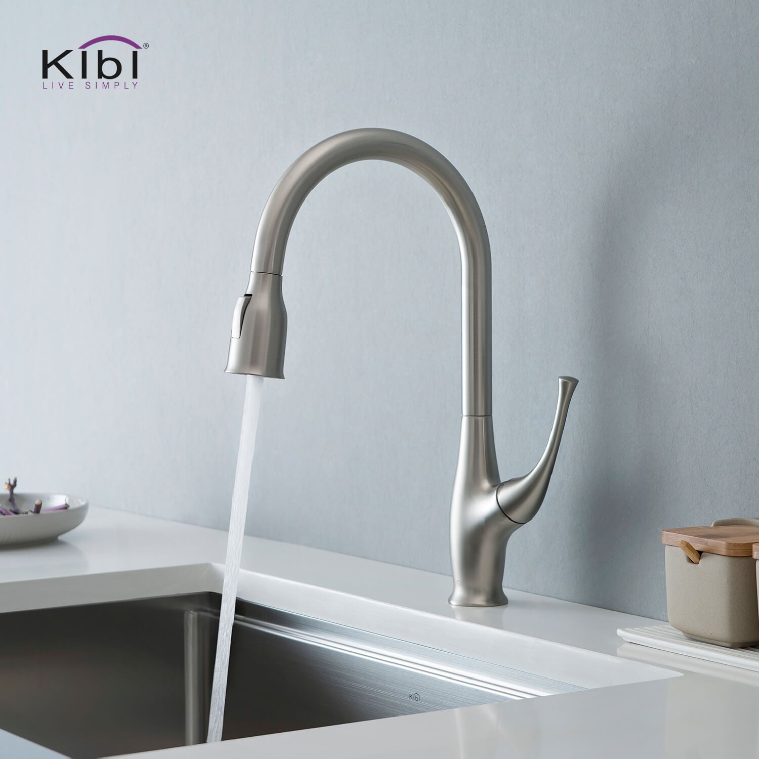 Kibi Cedar Single Handle High Arc Pull Down Kitchen Faucet in Brushed Nickel Finish
