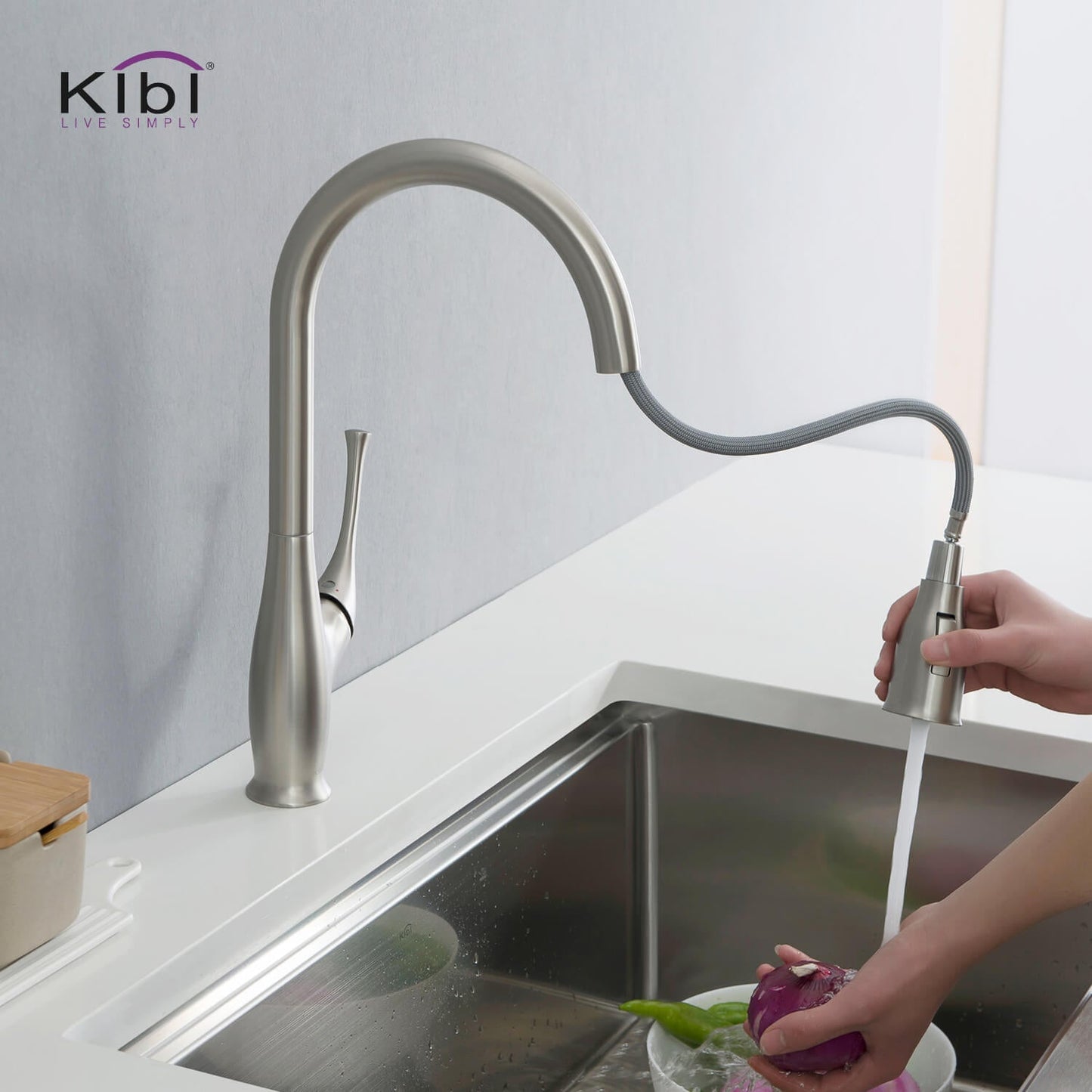 Kibi Cedar Single Handle High Arc Pull Down Kitchen Faucet in Brushed Nickel Finish