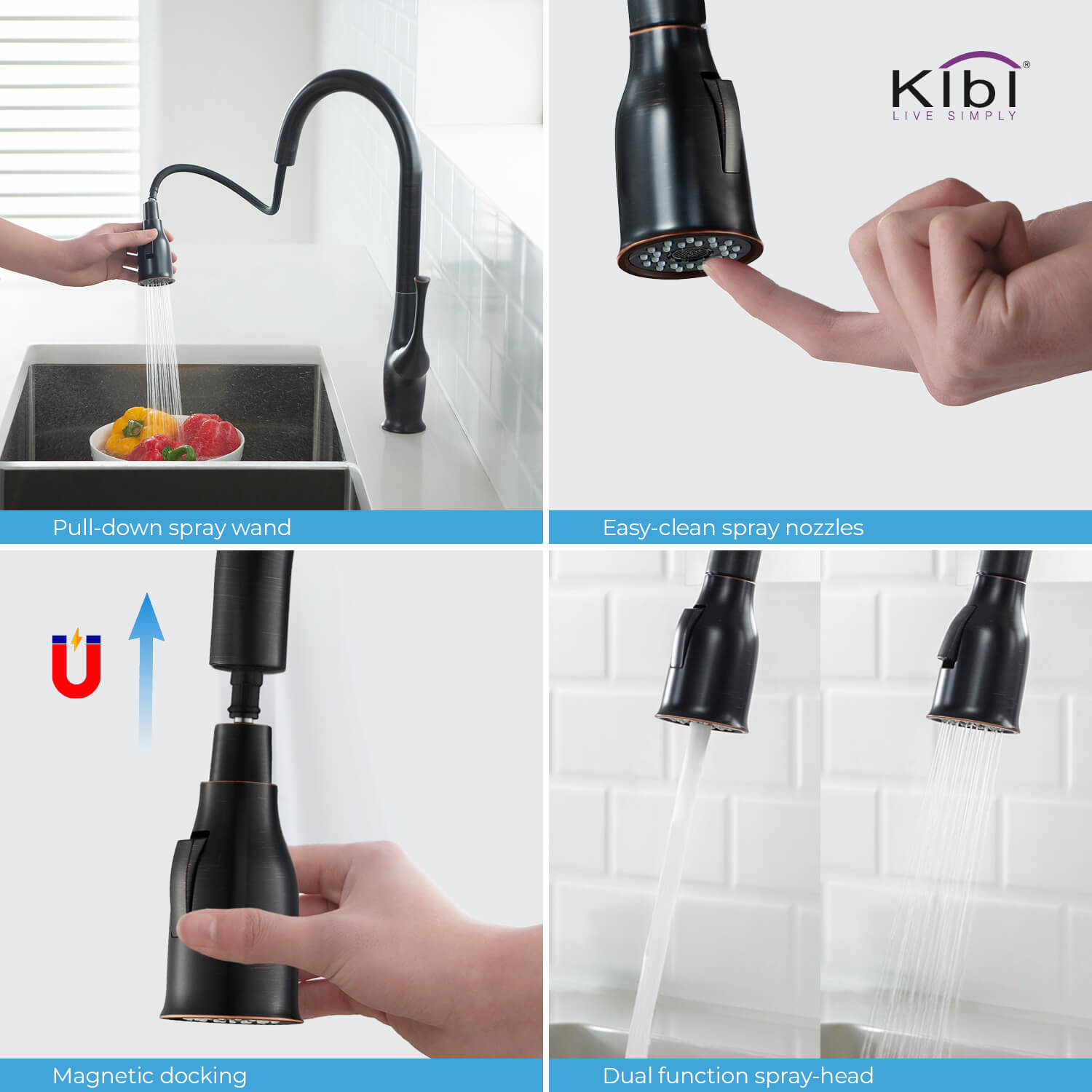 Kibi Cedar Single Handle High Arc Pull Down Kitchen Faucet in Oil Rubbed Bronze Finish