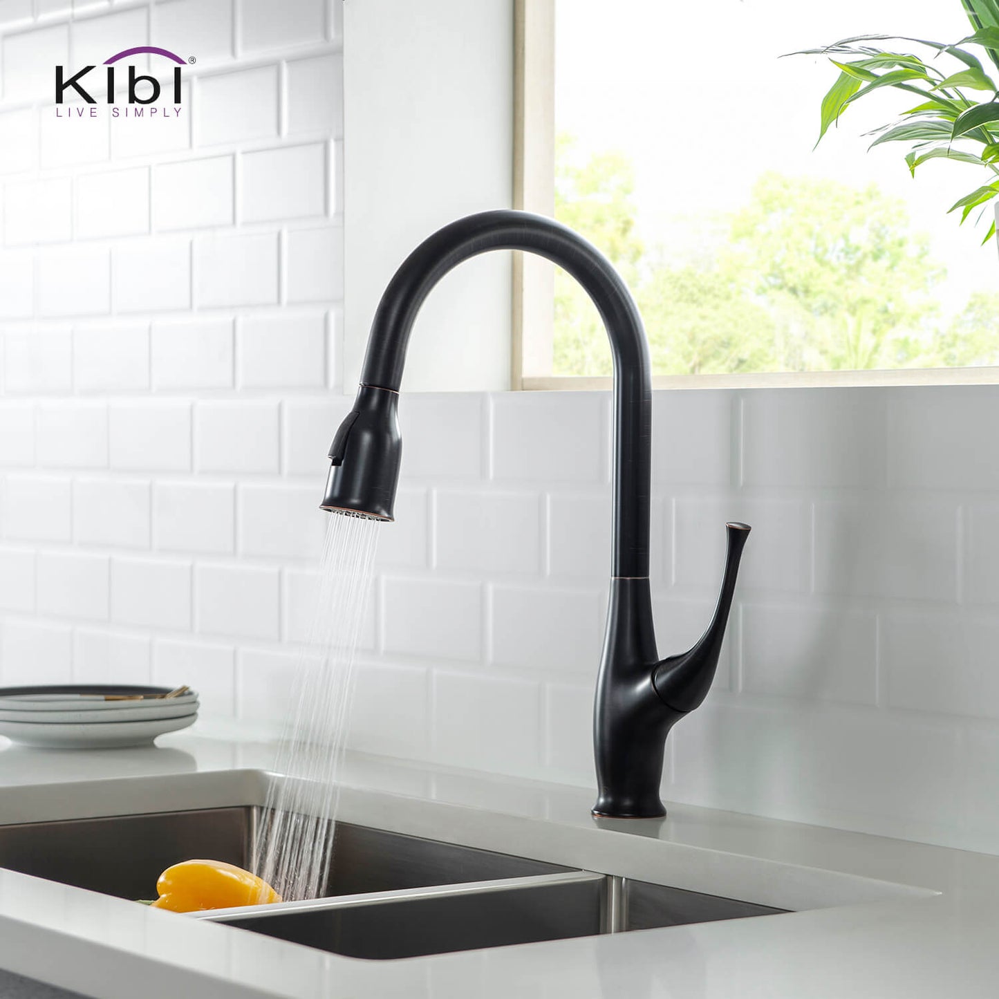 Kibi Cedar Single Handle High Arc Pull Down Kitchen Faucet in Oil Rubbed Bronze Finish