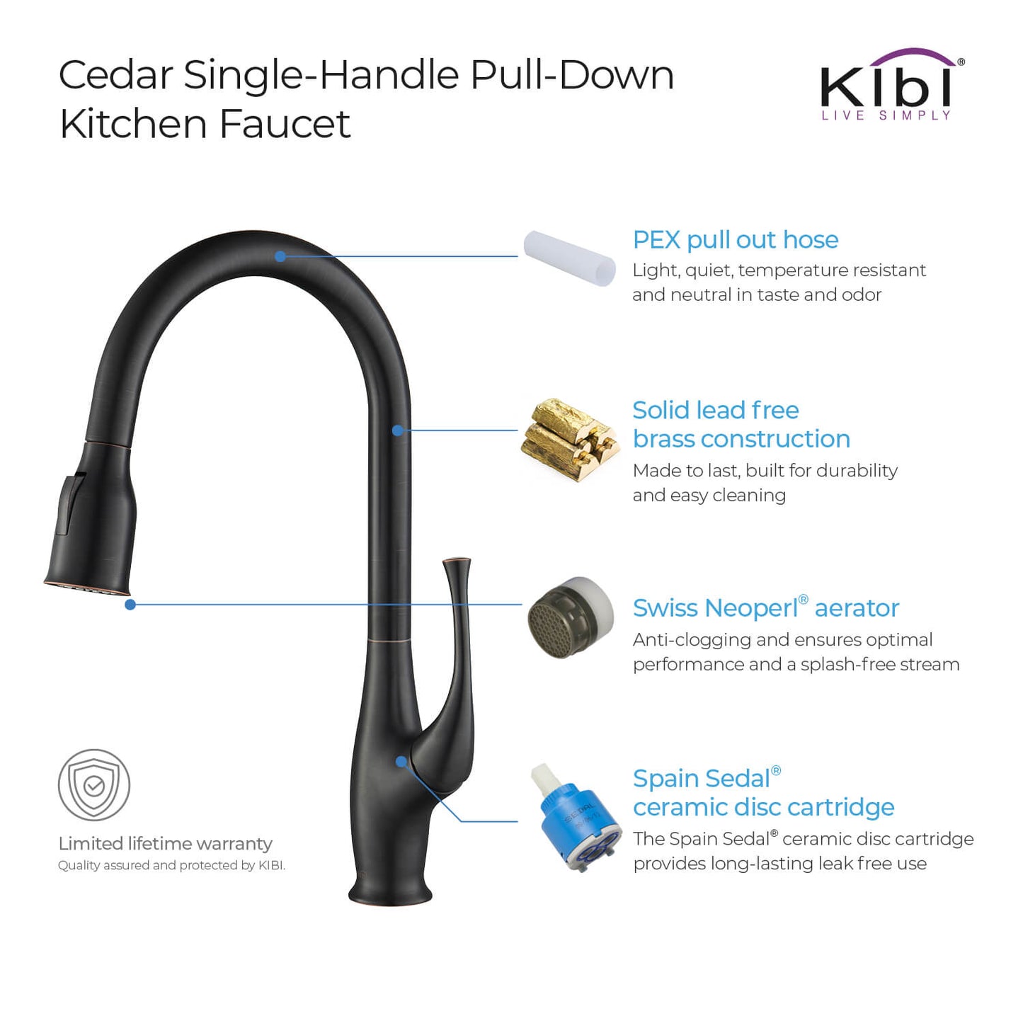 Kibi Cedar Single Handle High Arc Pull Down Kitchen Faucet in Oil Rubbed Bronze Finish