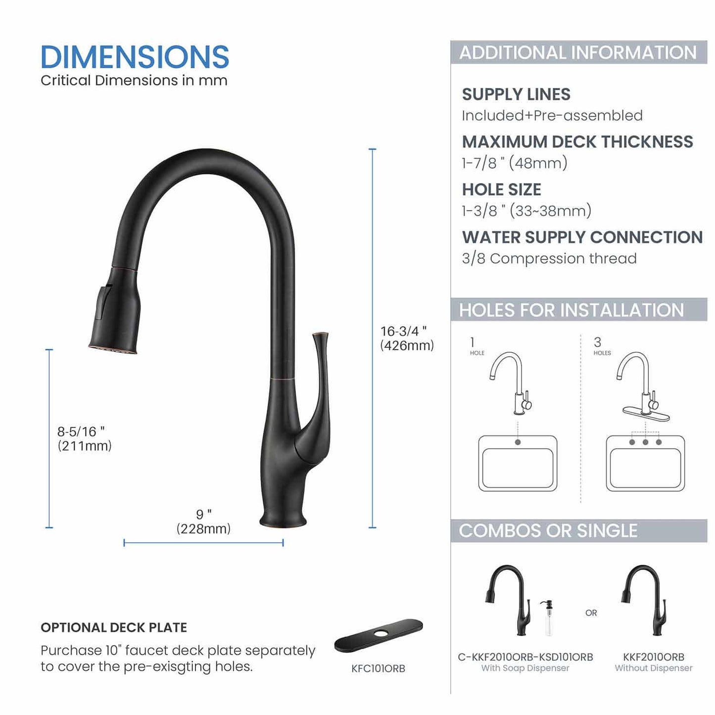 Kibi Cedar Single Handle High Arc Pull Down Kitchen Faucet in Oil Rubbed Bronze Finish