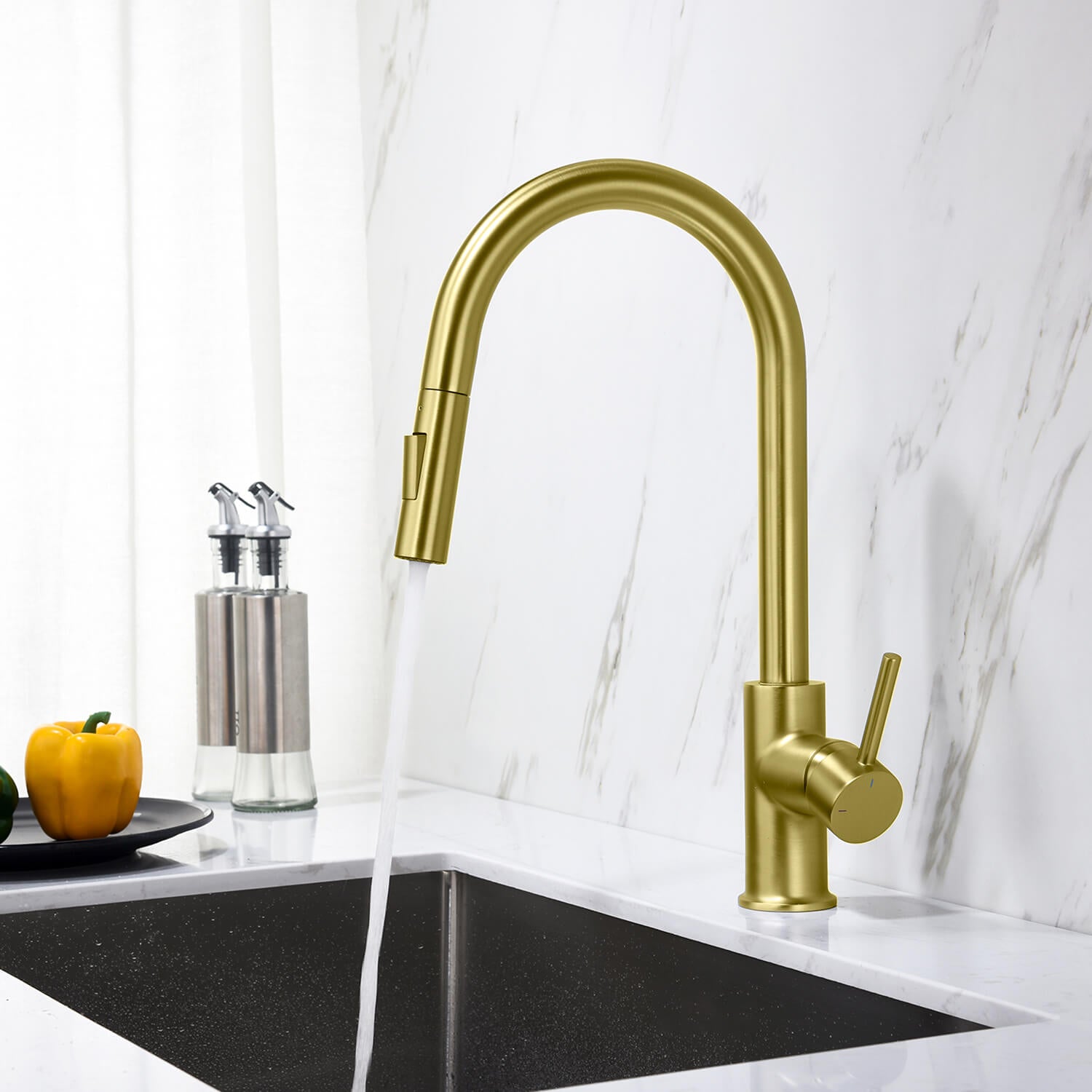 Kibi Circular Single Handle Pull Down Kitchen Faucet With Soap Dispenser in Brushed Gold Finish