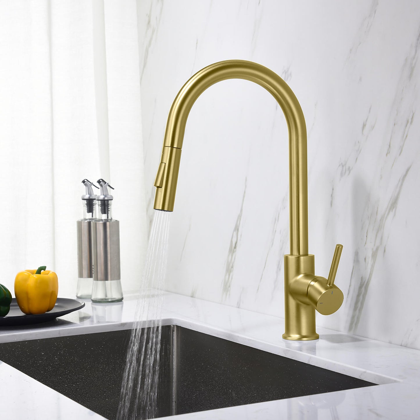 Kibi Circular Single Handle Pull Down Kitchen Faucet With Soap Dispenser in Brushed Gold Finish