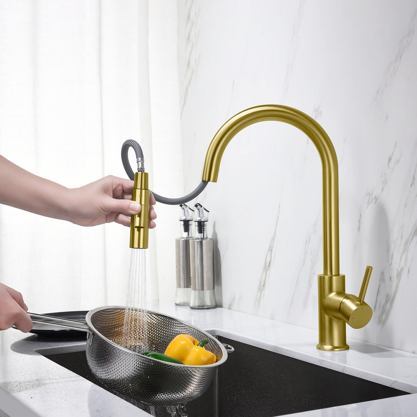 Kibi Circular Single Handle Pull Down Kitchen Faucet With Soap Dispenser in Brushed Gold Finish