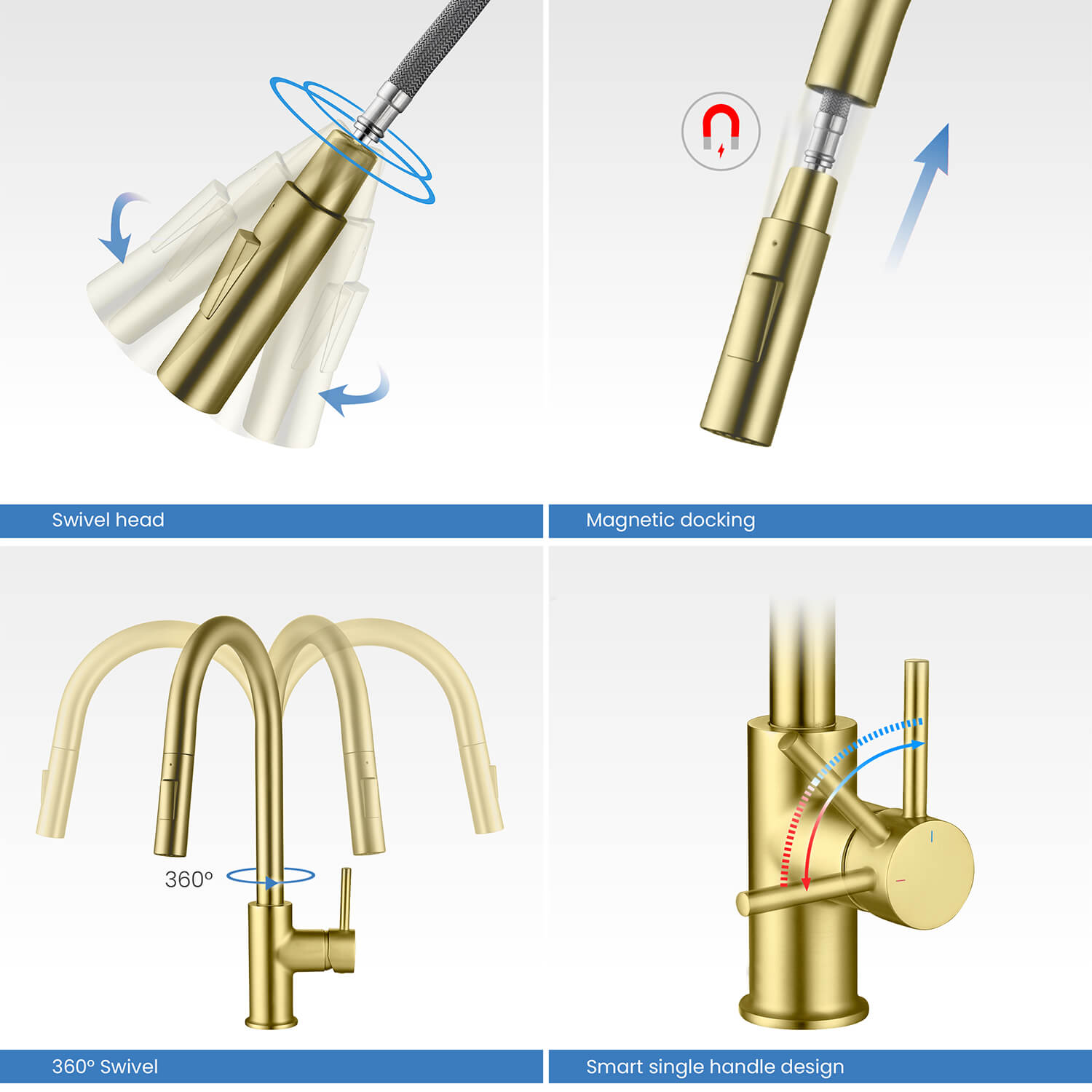 Kibi Circular Single Handle Pull Down Kitchen Faucet With Soap Dispenser in Brushed Gold Finish