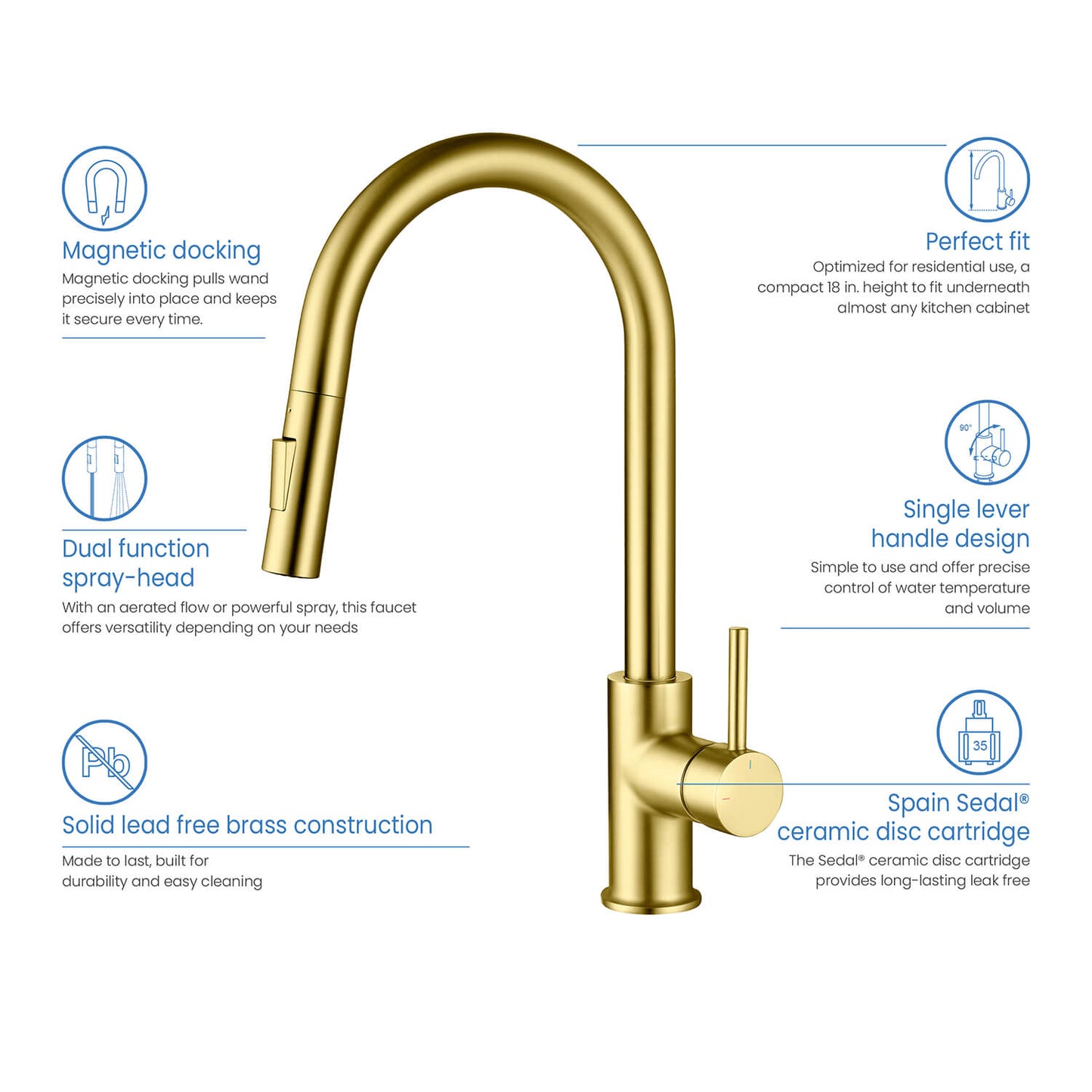 Kibi Circular Single Handle Pull Down Kitchen Faucet With Soap Dispenser in Brushed Gold Finish