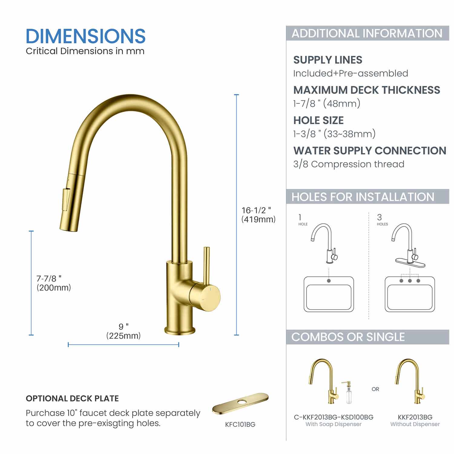 Kibi Circular Single Handle Pull Down Kitchen Faucet With Soap Dispenser in Brushed Gold Finish