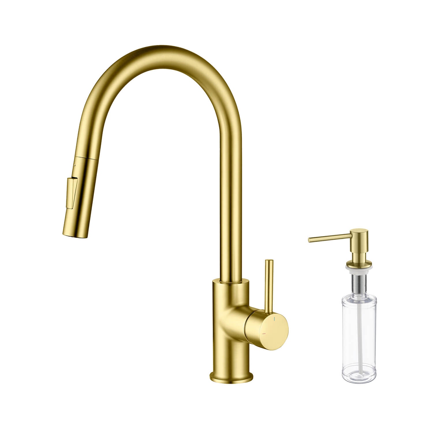 Kibi Circular Single Handle Pull Down Kitchen Faucet With Soap Dispenser in Brushed Gold Finish