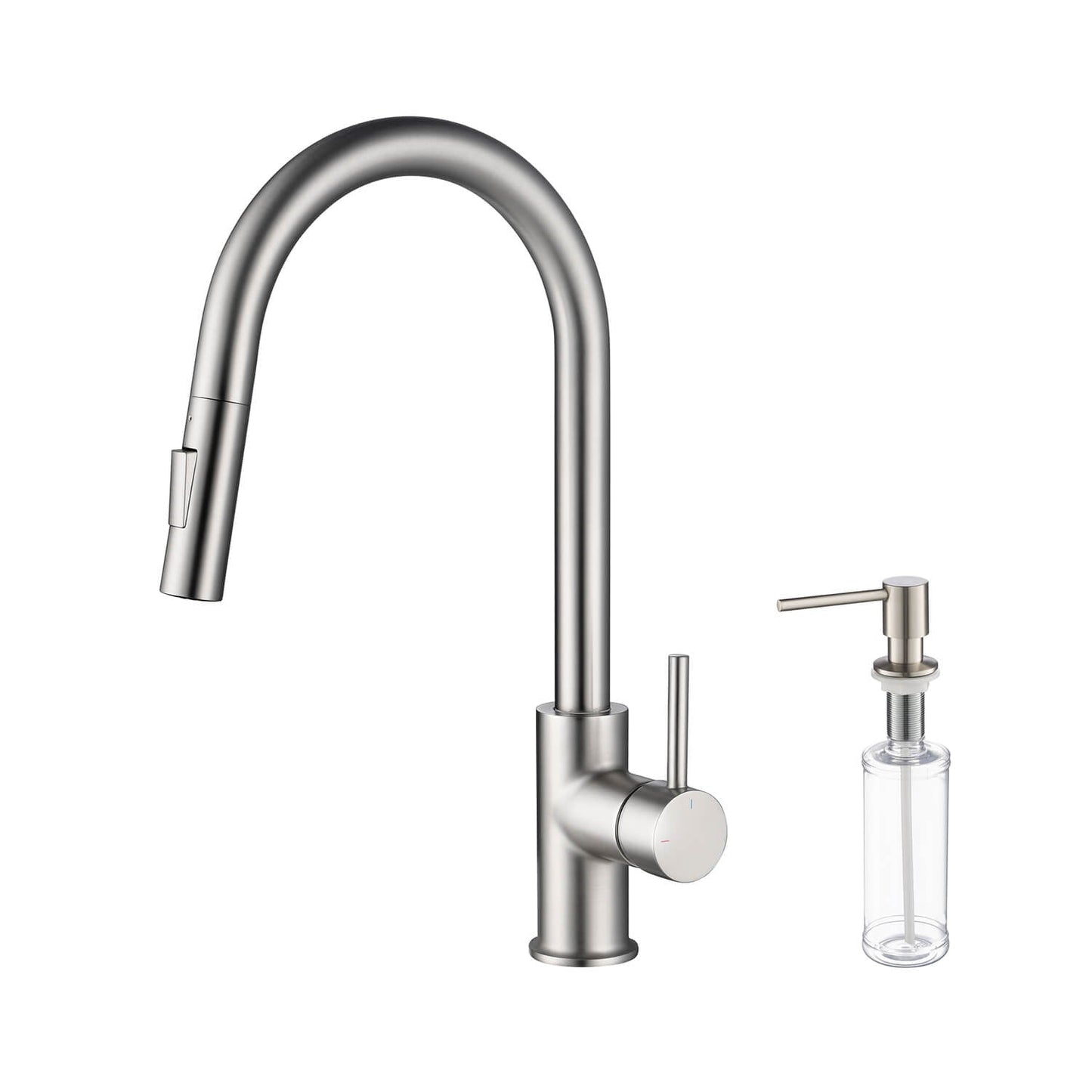 Kibi Circular Single Handle Pull Down Kitchen Faucet With Soap Dispenser in Brushed Nickel Finish