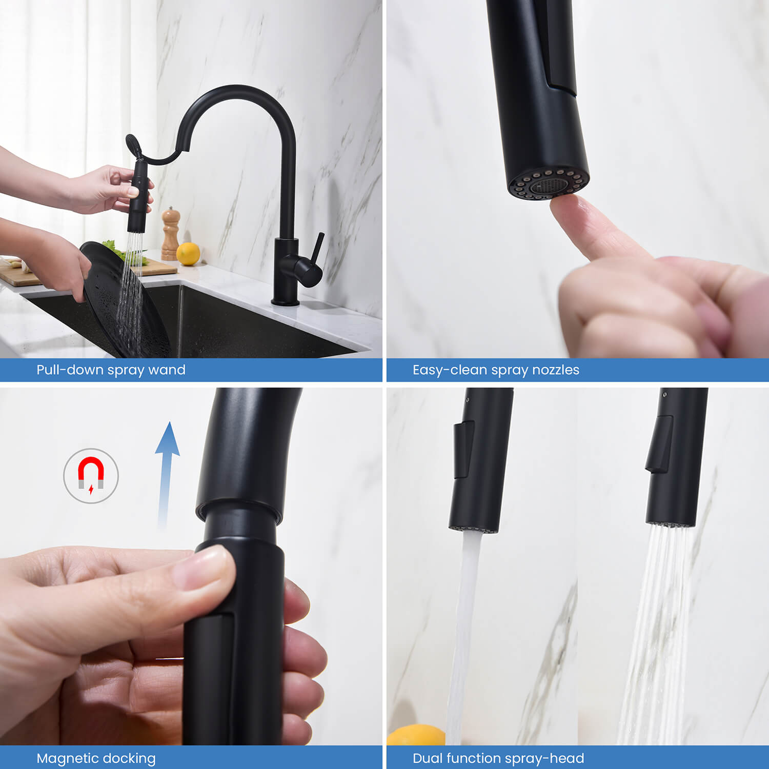Kibi Circular Single Handle Pull Down Kitchen Faucet With Soap Dispenser in Matte Black Finish