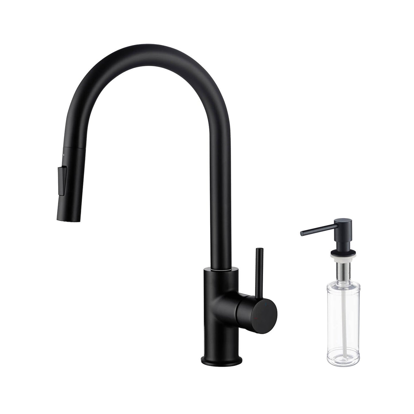 Kibi Circular Single Handle Pull Down Kitchen Faucet With Soap Dispenser in Matte Black Finish
