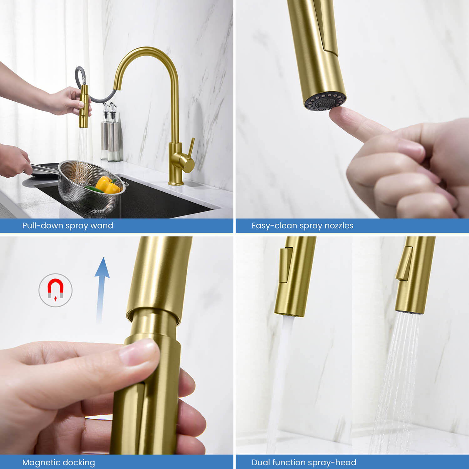 Kibi Circular Single Handle Pull Down Kitchen Faucet in Brushed Gold Finish