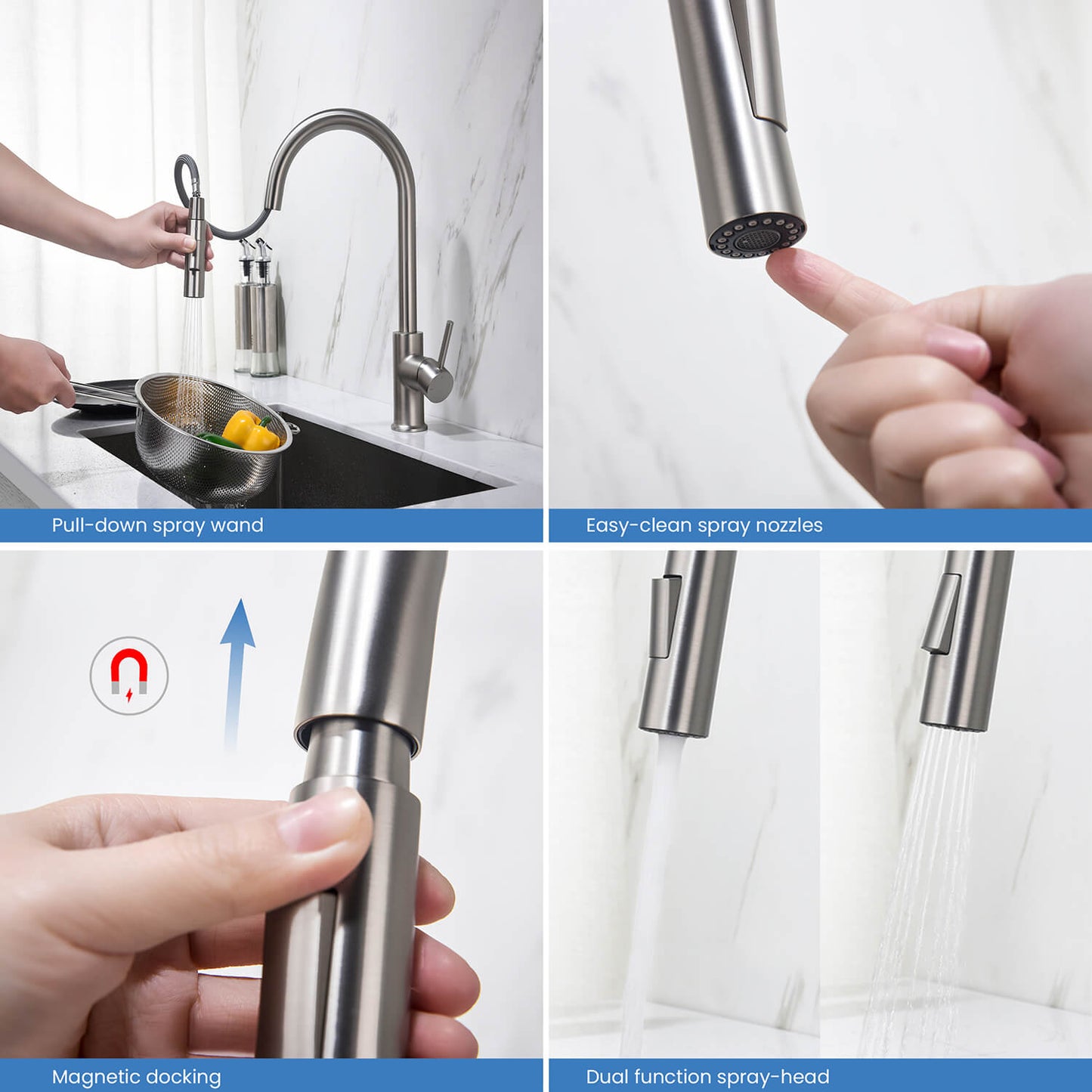 Kibi Circular Single Handle Pull Down Kitchen Faucet in Brushed Nickel Finish
