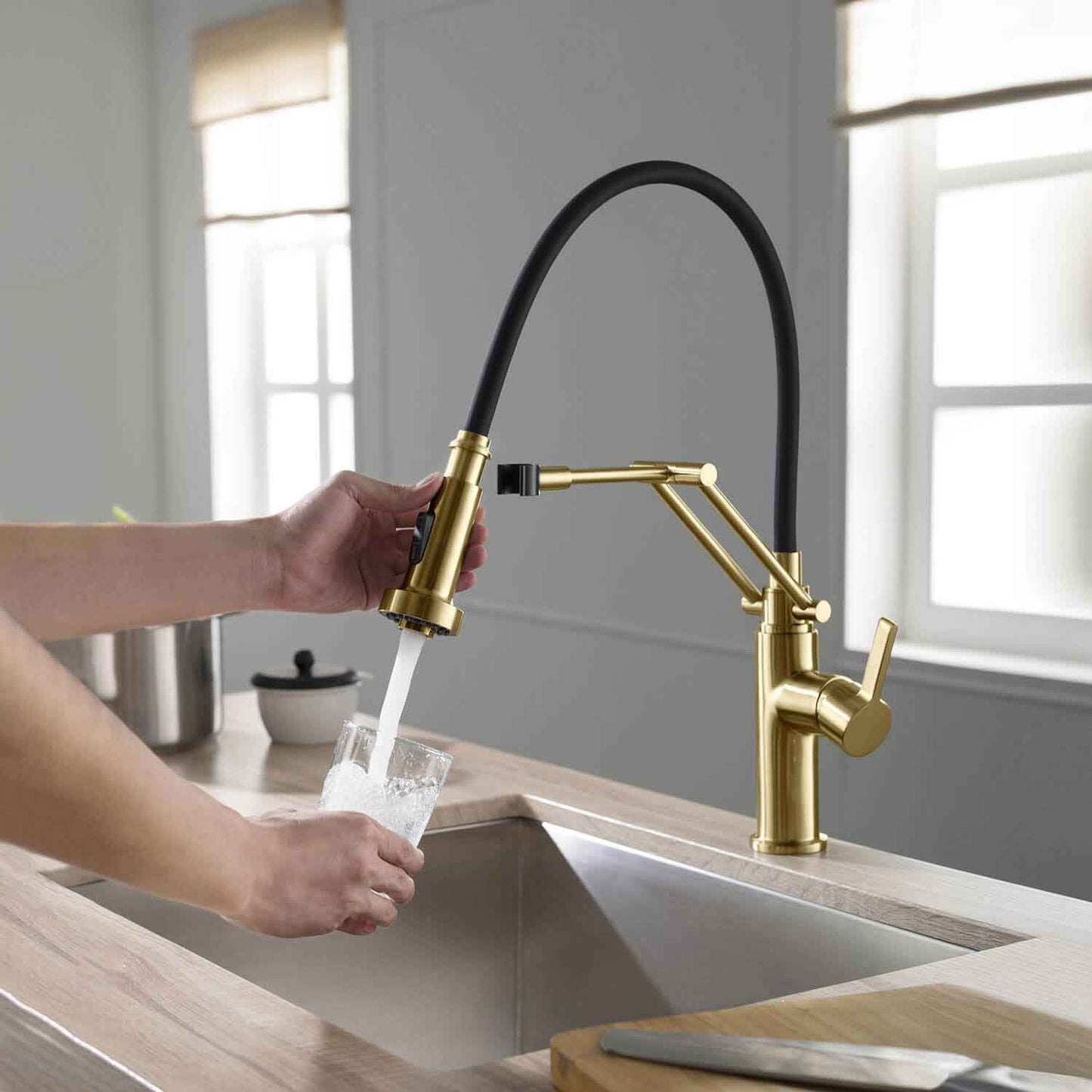 Kibi Engel Single Handle Pull Down Kitchen Faucet In Brushed Gold Finish