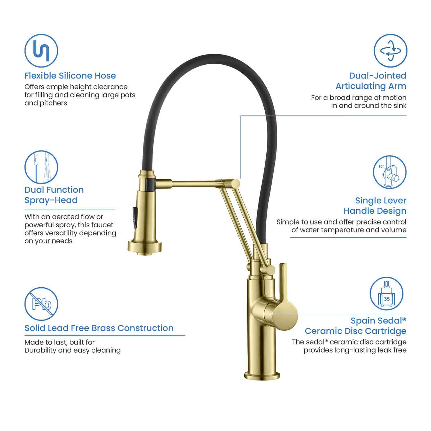 Kibi Engel Single Handle Pull Down Kitchen Faucet In Brushed Gold Finish