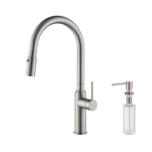 Kibi Hilo Single Handle High Arc Pull Down Kitchen Faucet With Soap Dispenser in Brushed Nickel Finish