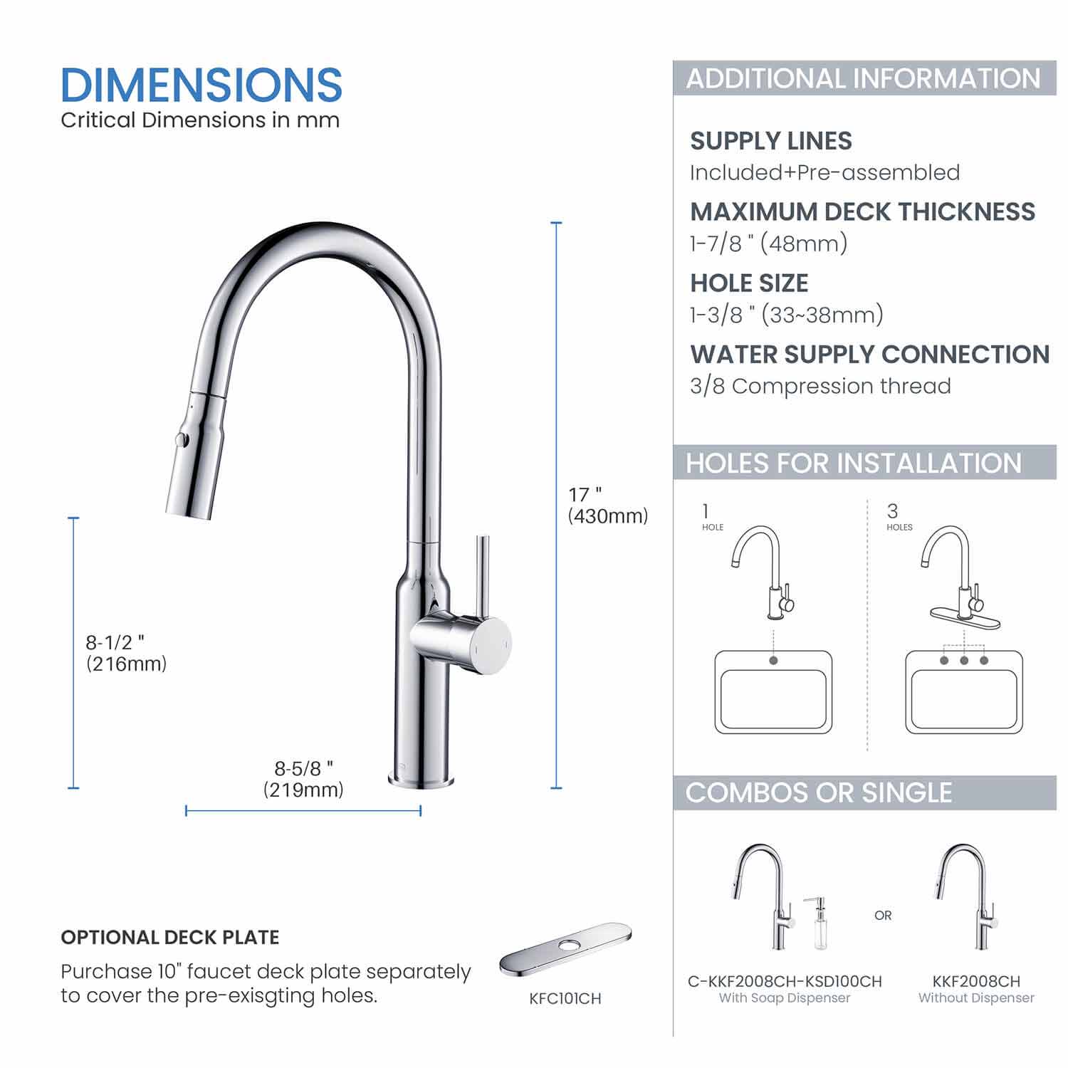 Kibi Hilo Single Handle High Arc Pull Down Kitchen Faucet With Soap Dispenser in Chrome Finish