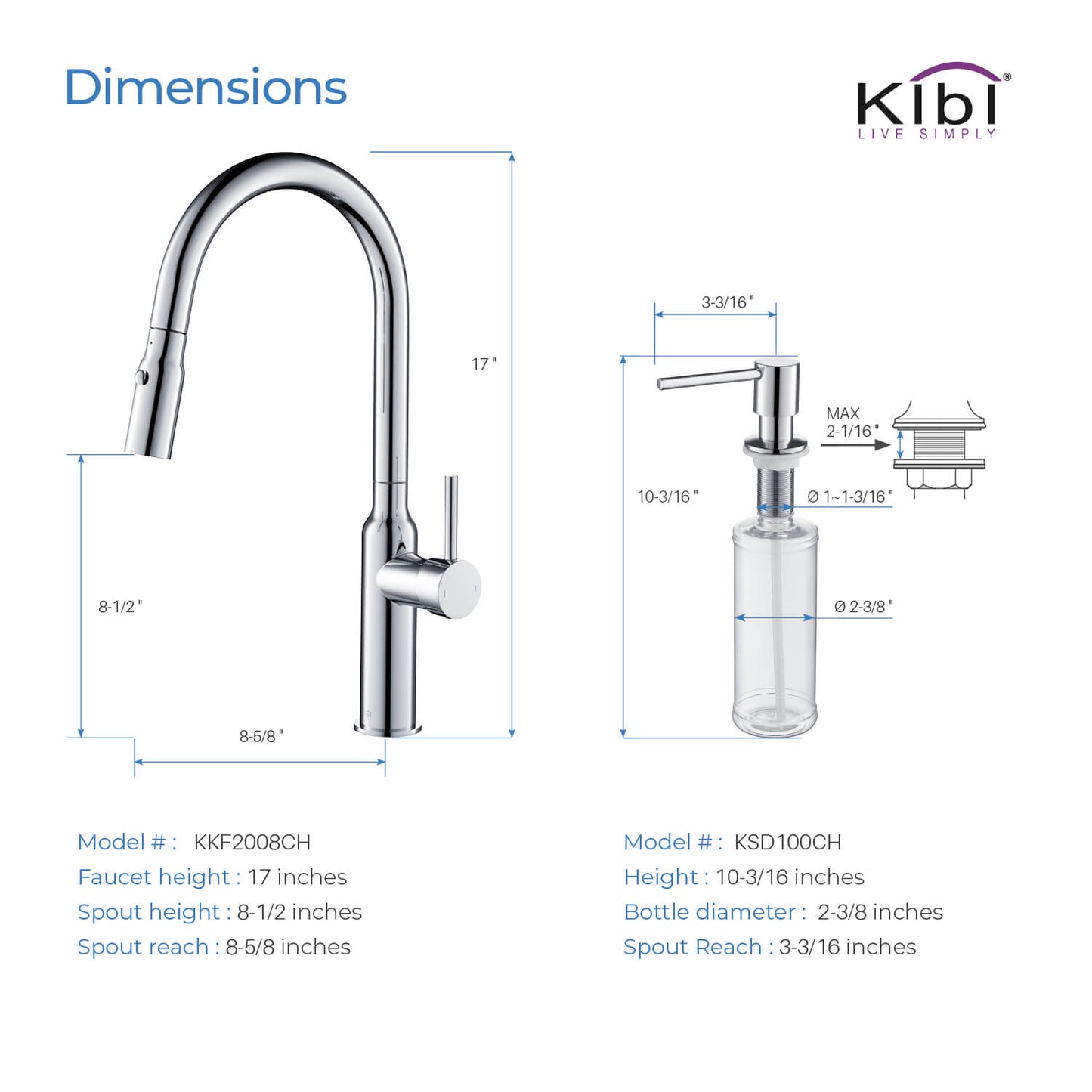 Kibi Hilo Single Handle High Arc Pull Down Kitchen Faucet With Soap Dispenser in Chrome Finish