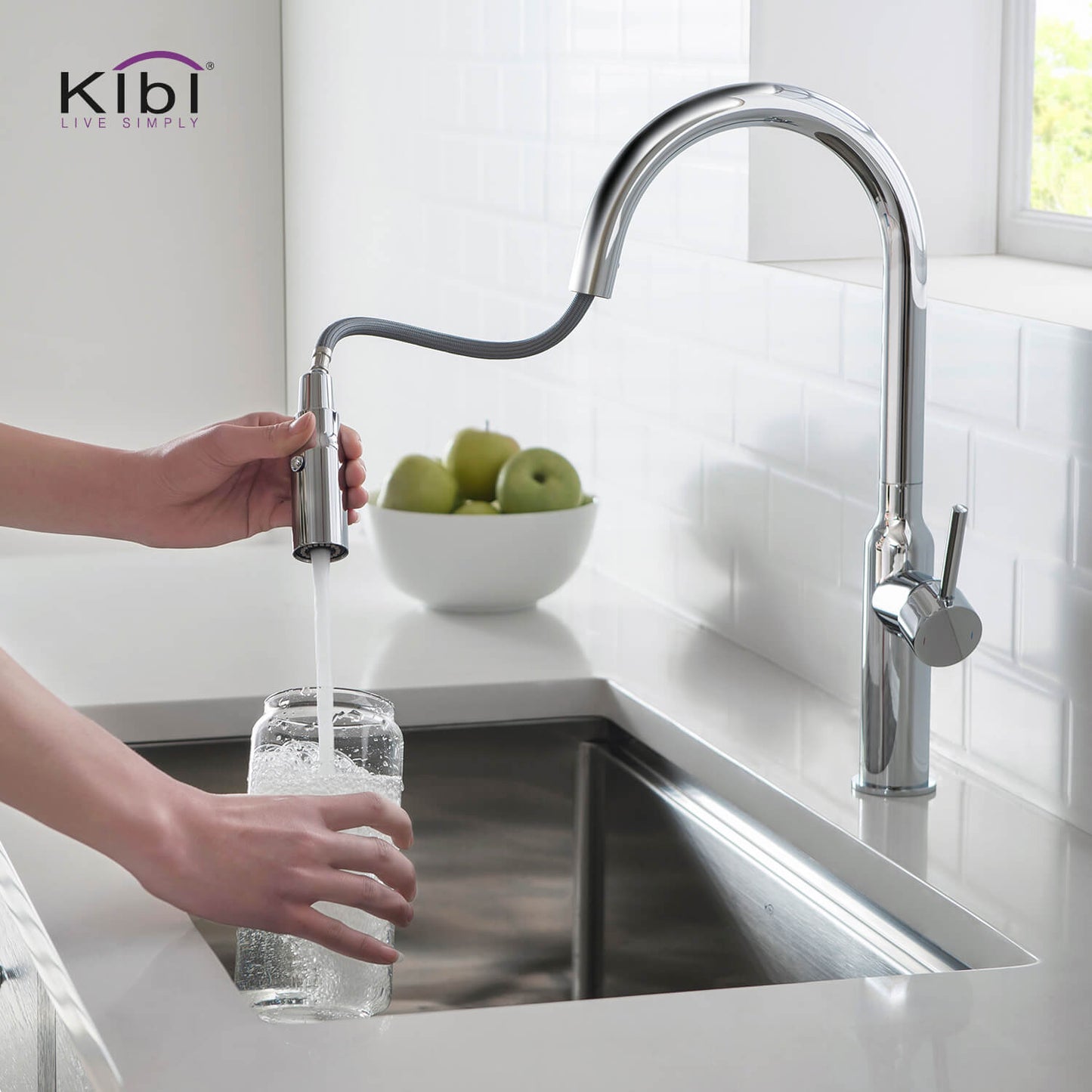 Kibi Hilo Single Handle High Arc Pull Down Kitchen Faucet With Soap Dispenser in Chrome Finish