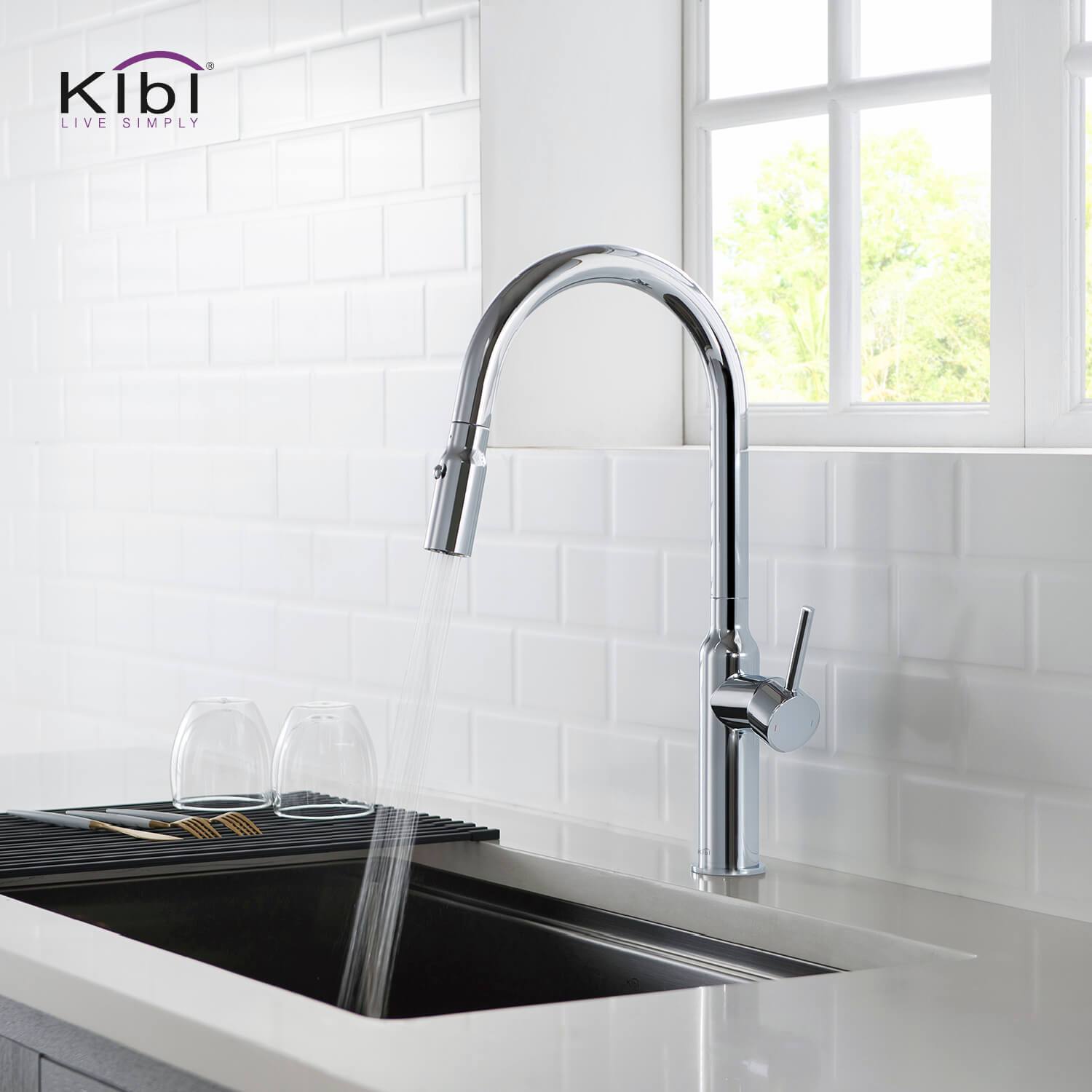 Kibi Hilo Single Handle High Arc Pull Down Kitchen Faucet With Soap Dispenser in Chrome Finish