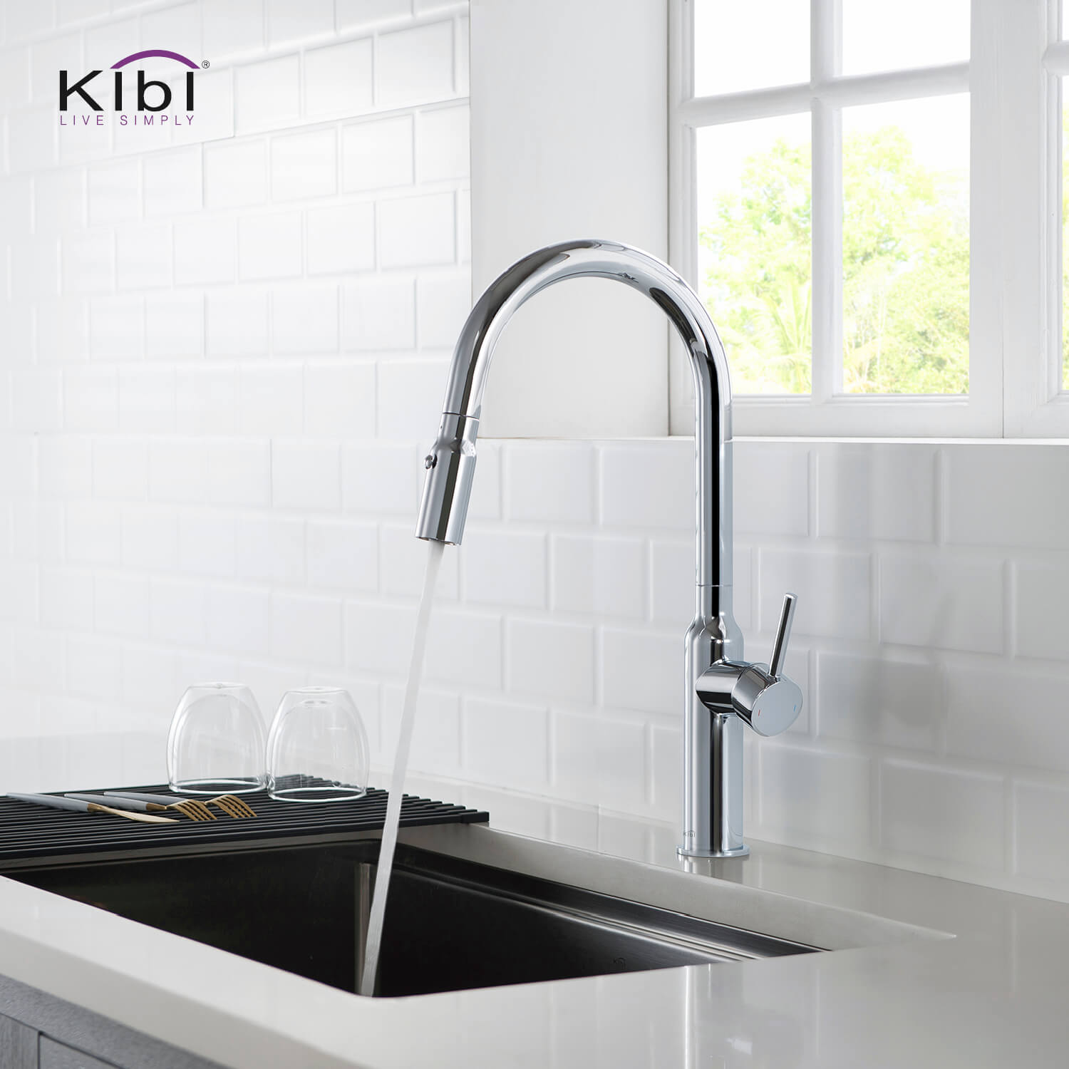 Kibi Hilo Single Handle High Arc Pull Down Kitchen Faucet With Soap Dispenser in Chrome Finish