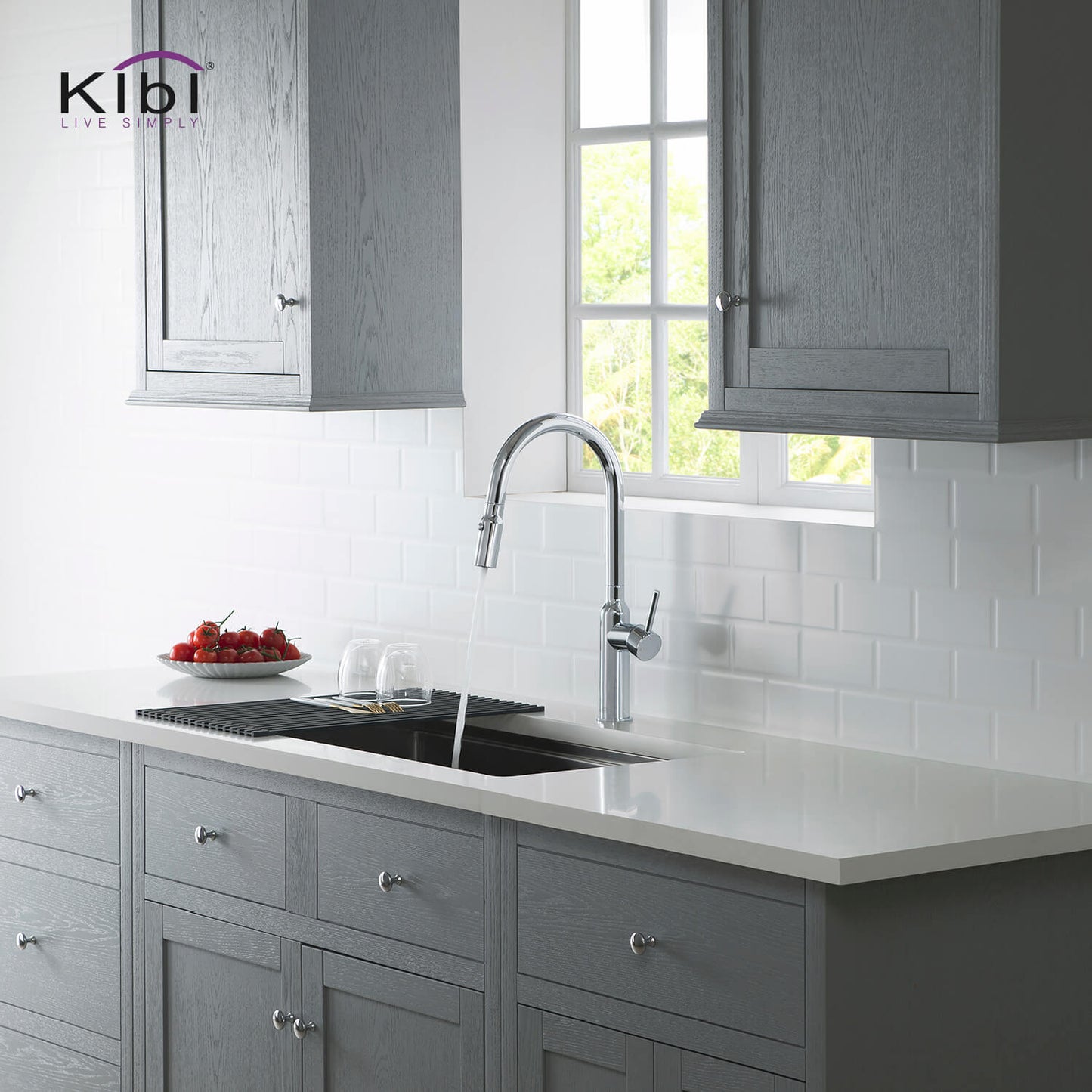 Kibi Hilo Single Handle High Arc Pull Down Kitchen Faucet With Soap Dispenser in Chrome Finish