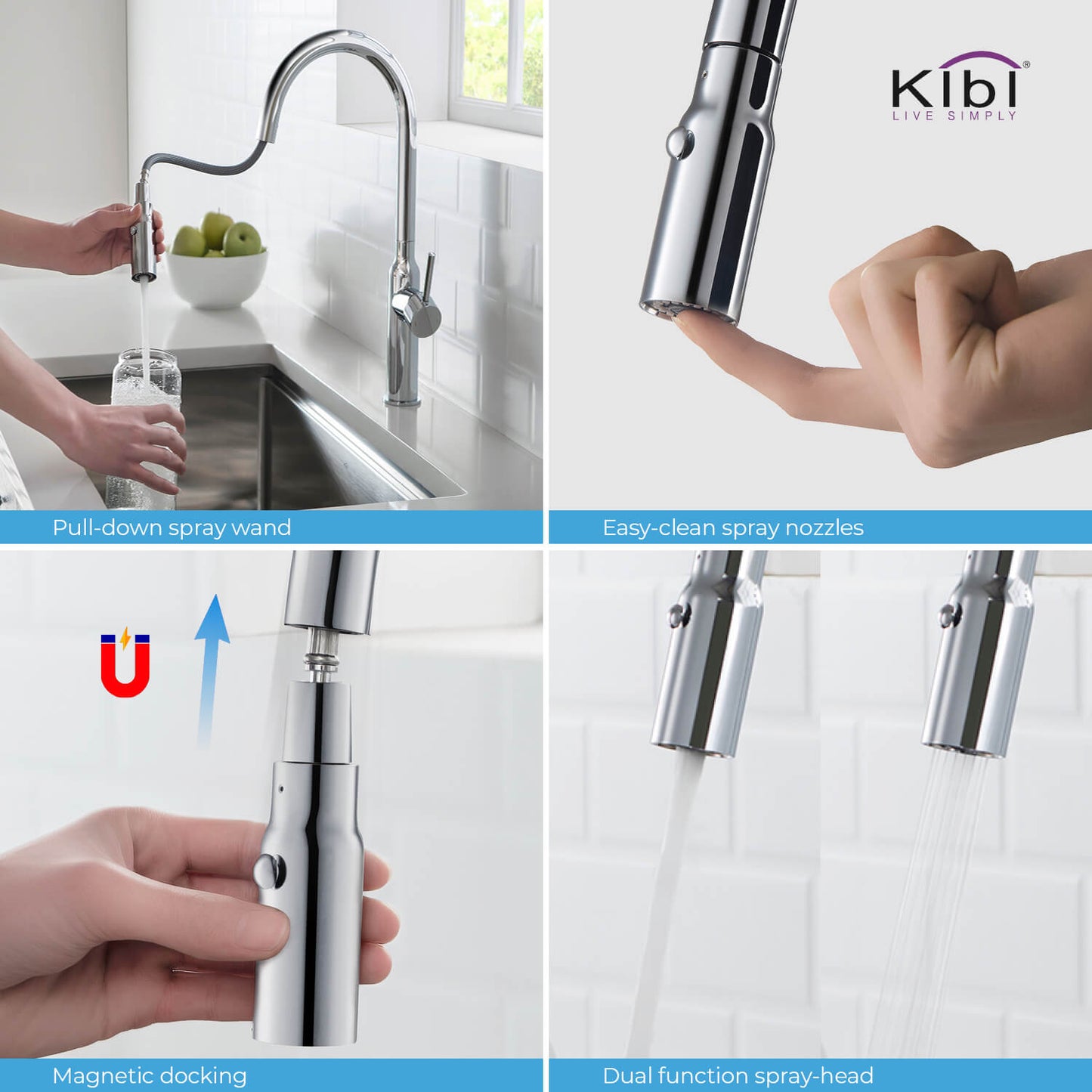 Kibi Hilo Single Handle High Arc Pull Down Kitchen Faucet With Soap Dispenser in Chrome Finish